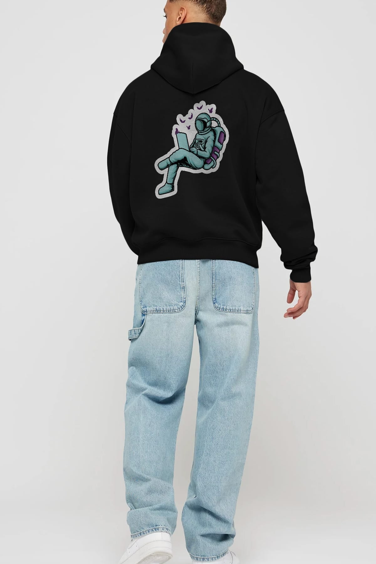 Work with Butterflies in Space Sticker Arka Baskılı Hoodie Oversize Kapüşonlu Sweatshirt Erkek Kadın Unisex