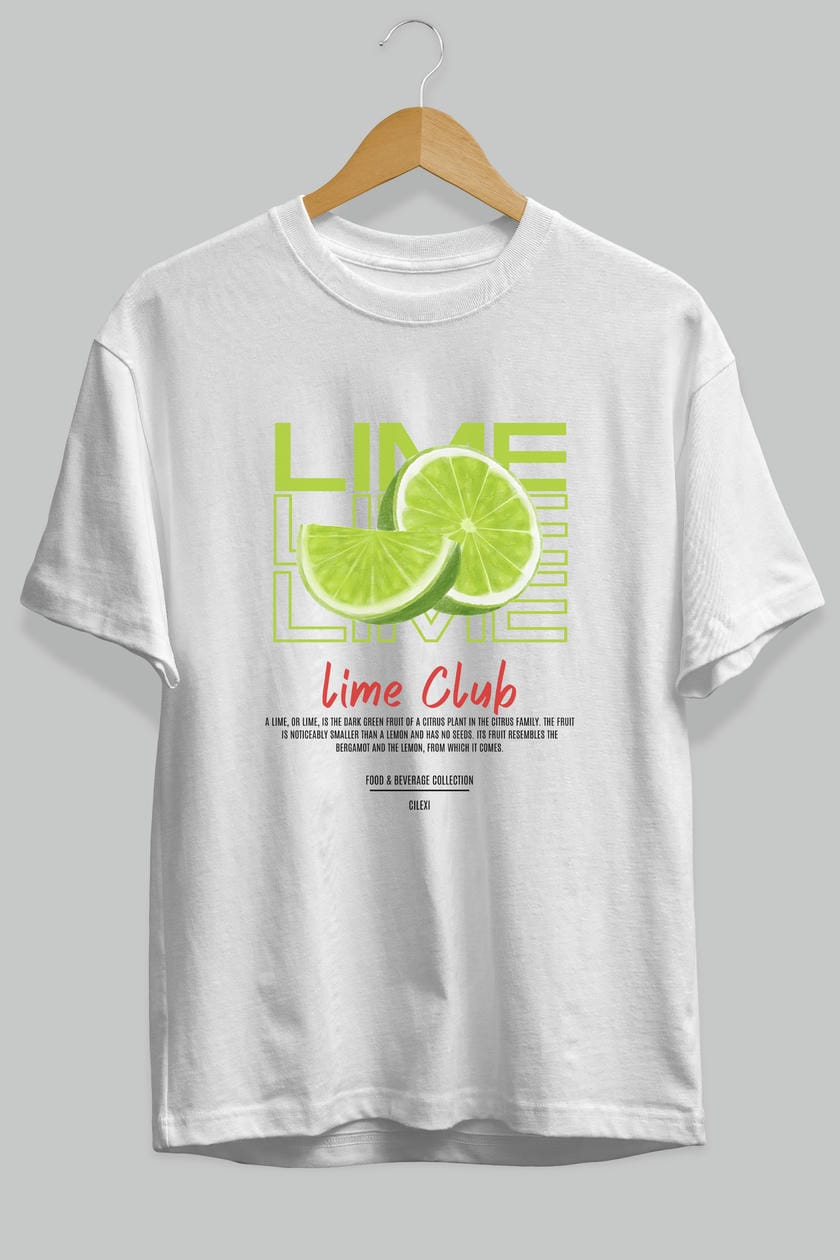 Lime Kokteyl Serisi ön Baskılı Oversize t-shirt Erkek Kadın %100 Pamuk Bisiklet Yaka tişort