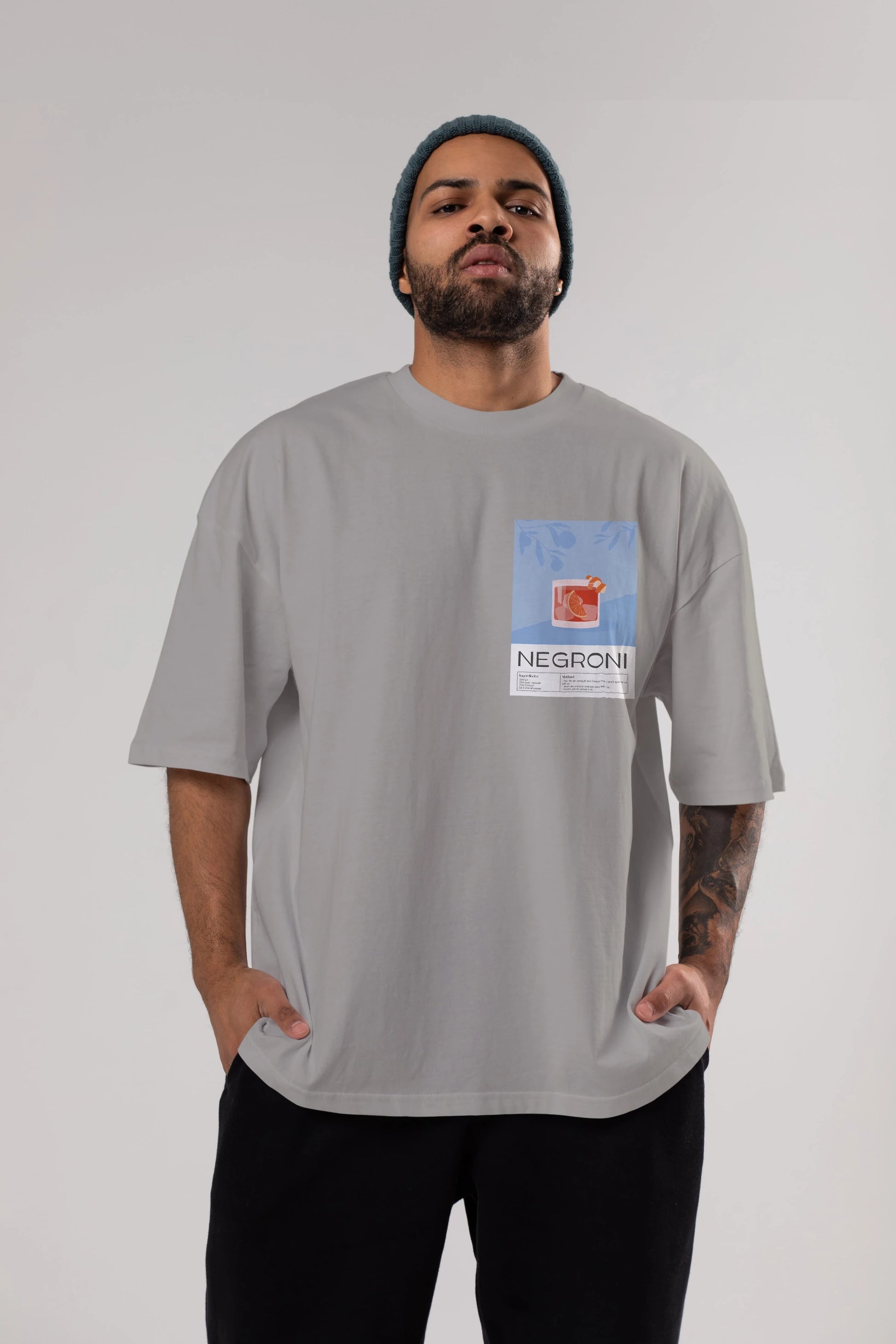Negroni Ön Sol Baskılı Oversize t-shirt Erkek Kadın Unisex %100 Pamuk Bisiklet Yaka tişort
