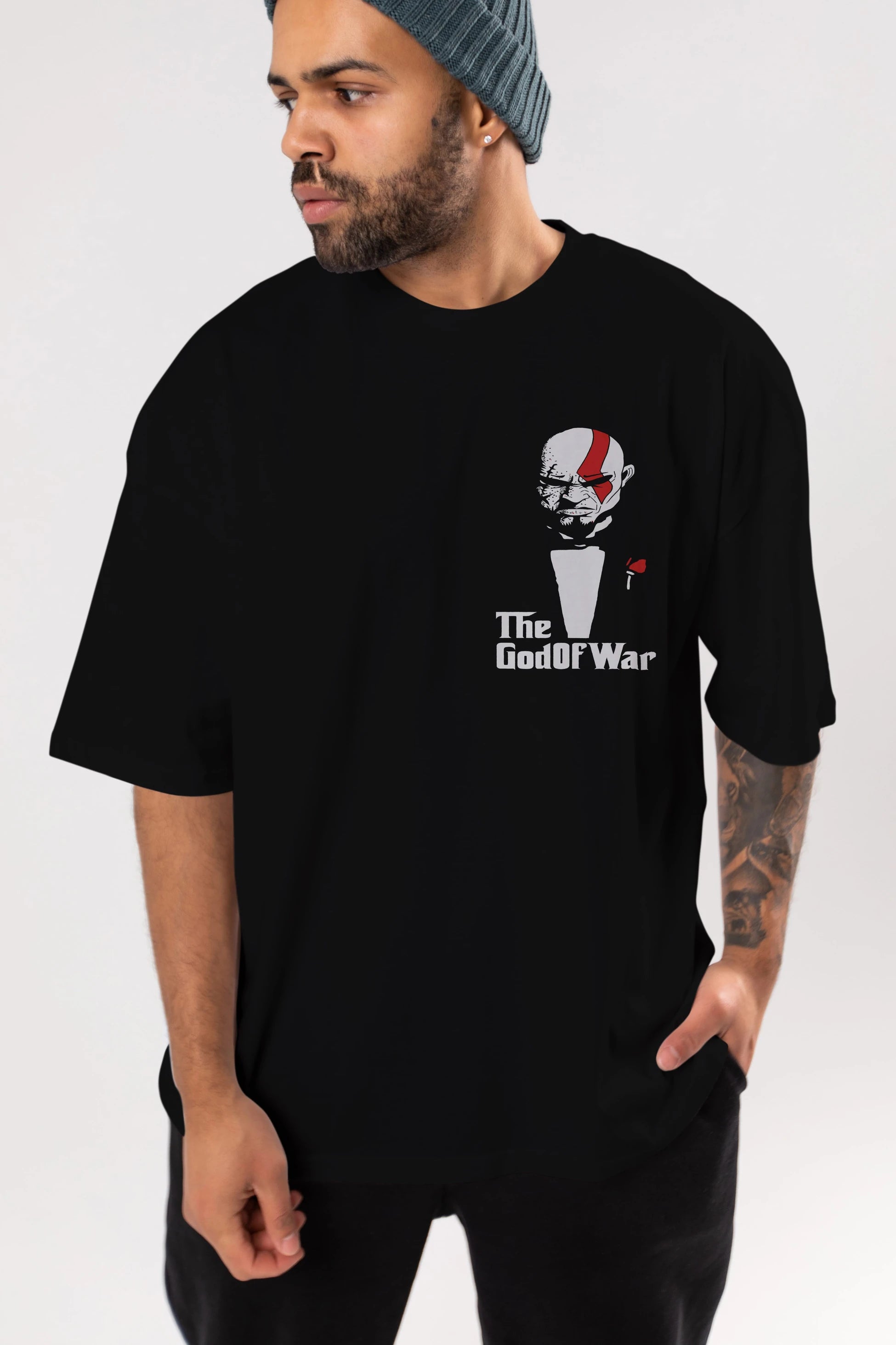 The God of War Ön Sol Baskılı Oversize t-shirt Erkek Kadın Unisex %100 Pamuk Bisiklet Yaka tişort