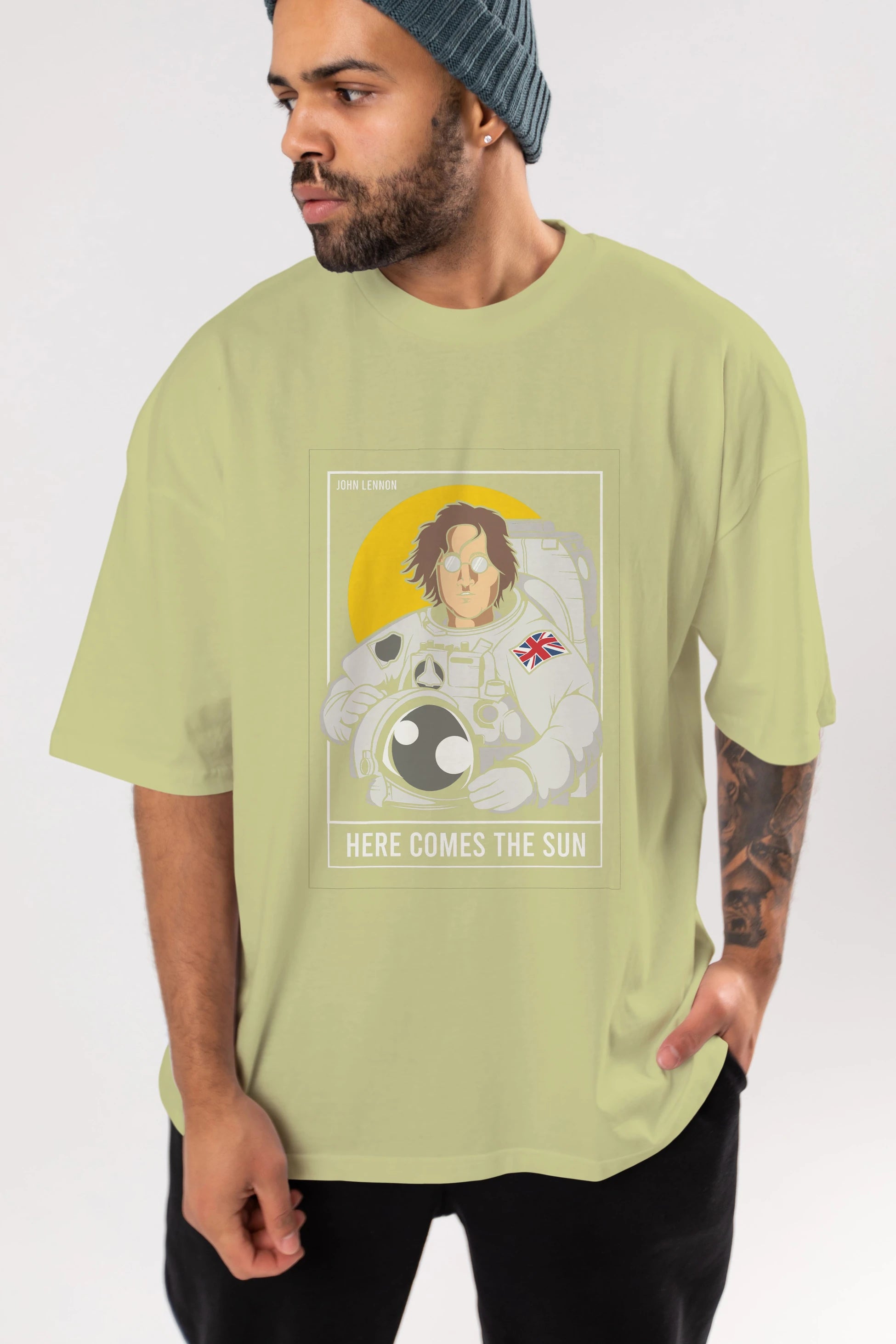 John Lennon Astronot Ön Baskılı Oversize t-shirt Erkek Kadın Unisex %100 Pamuk tişort