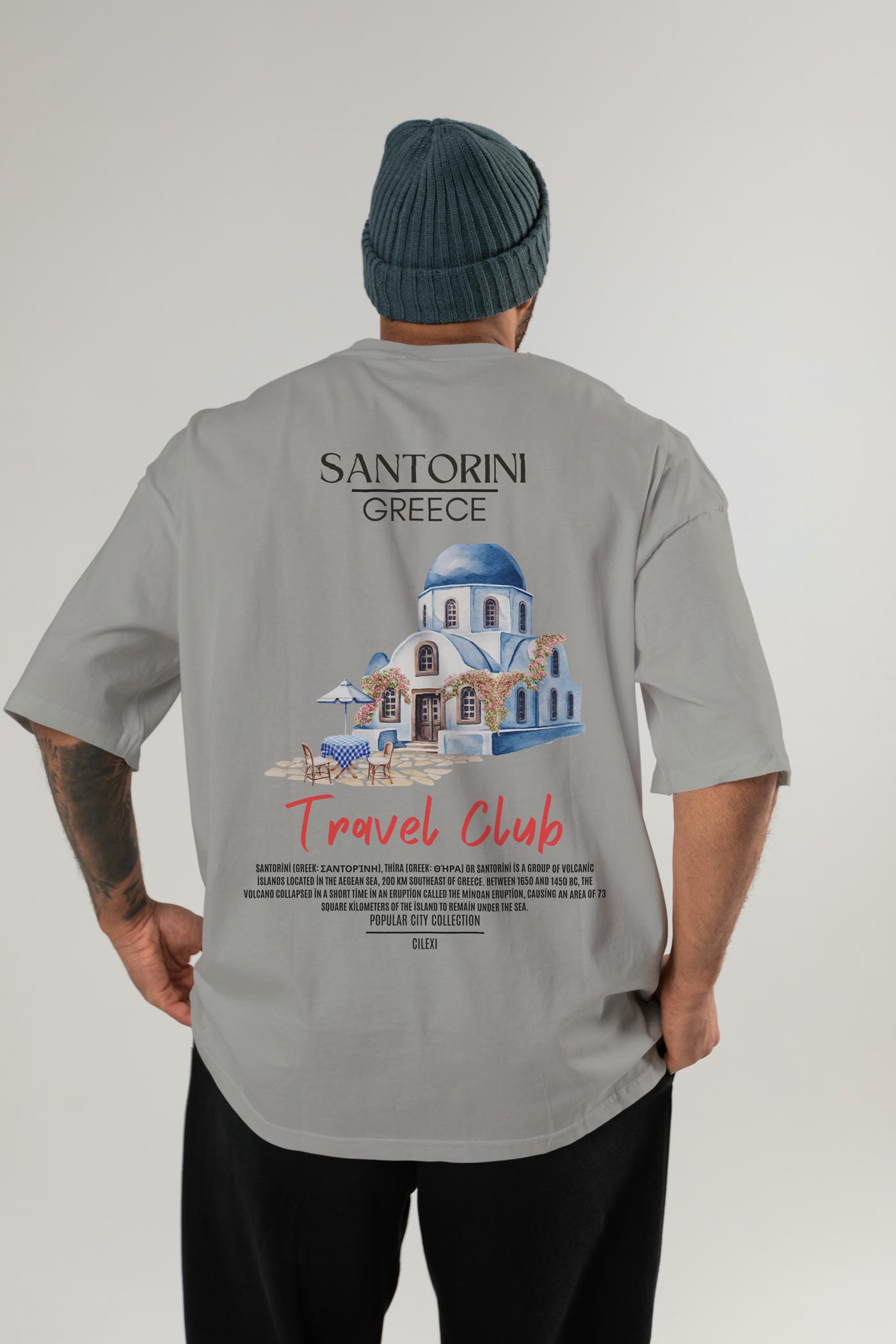 Santorini Greece Arka Baskılı Oversize t-shirt Erkek Kadın Pamuk Bisiklet Yaka tişort