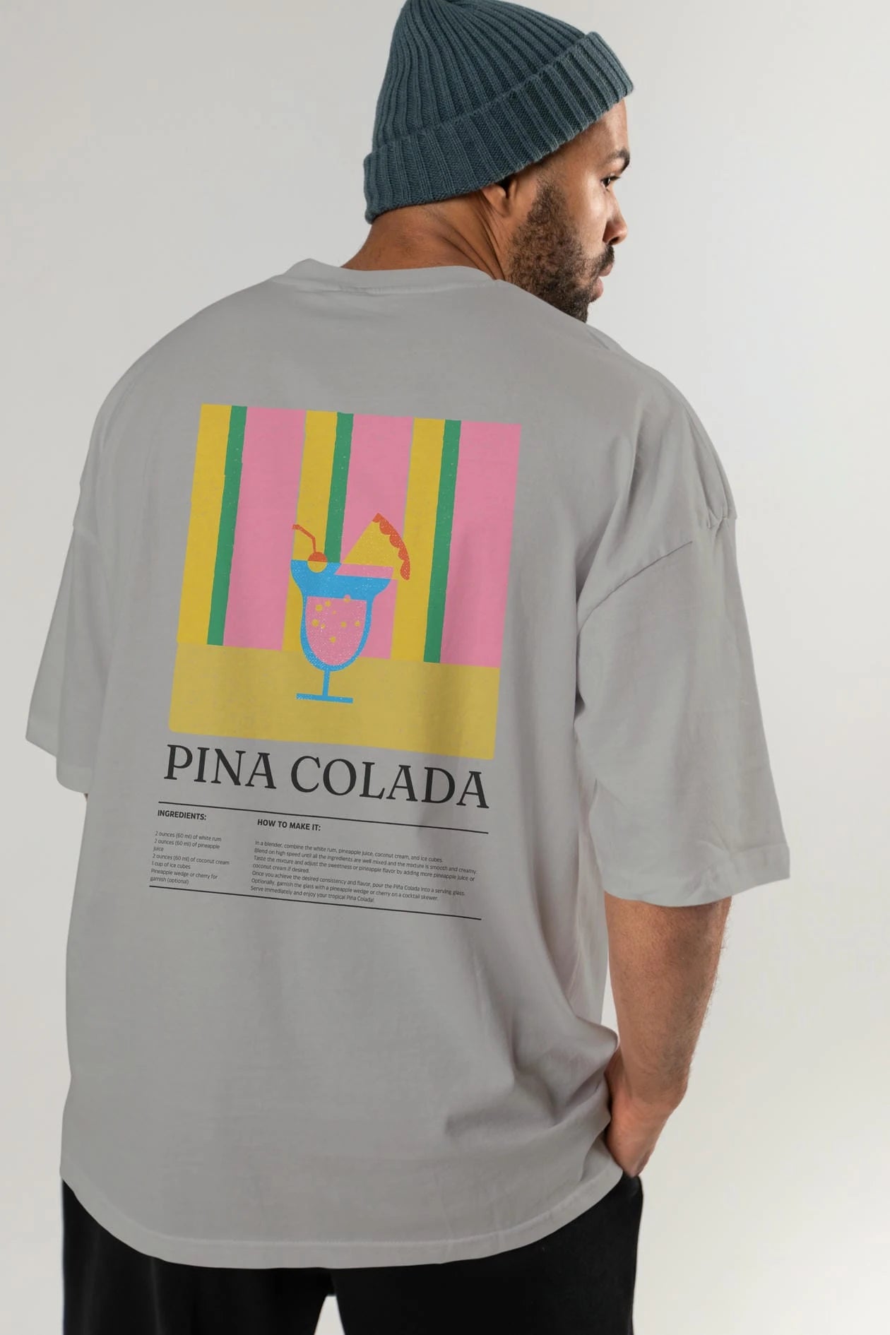 Pina Colada Kokteyl Serisi Arka Baskılı Oversize t-shirt Erkek Kadın %100 Pamuk Bisiklet Yaka tişort