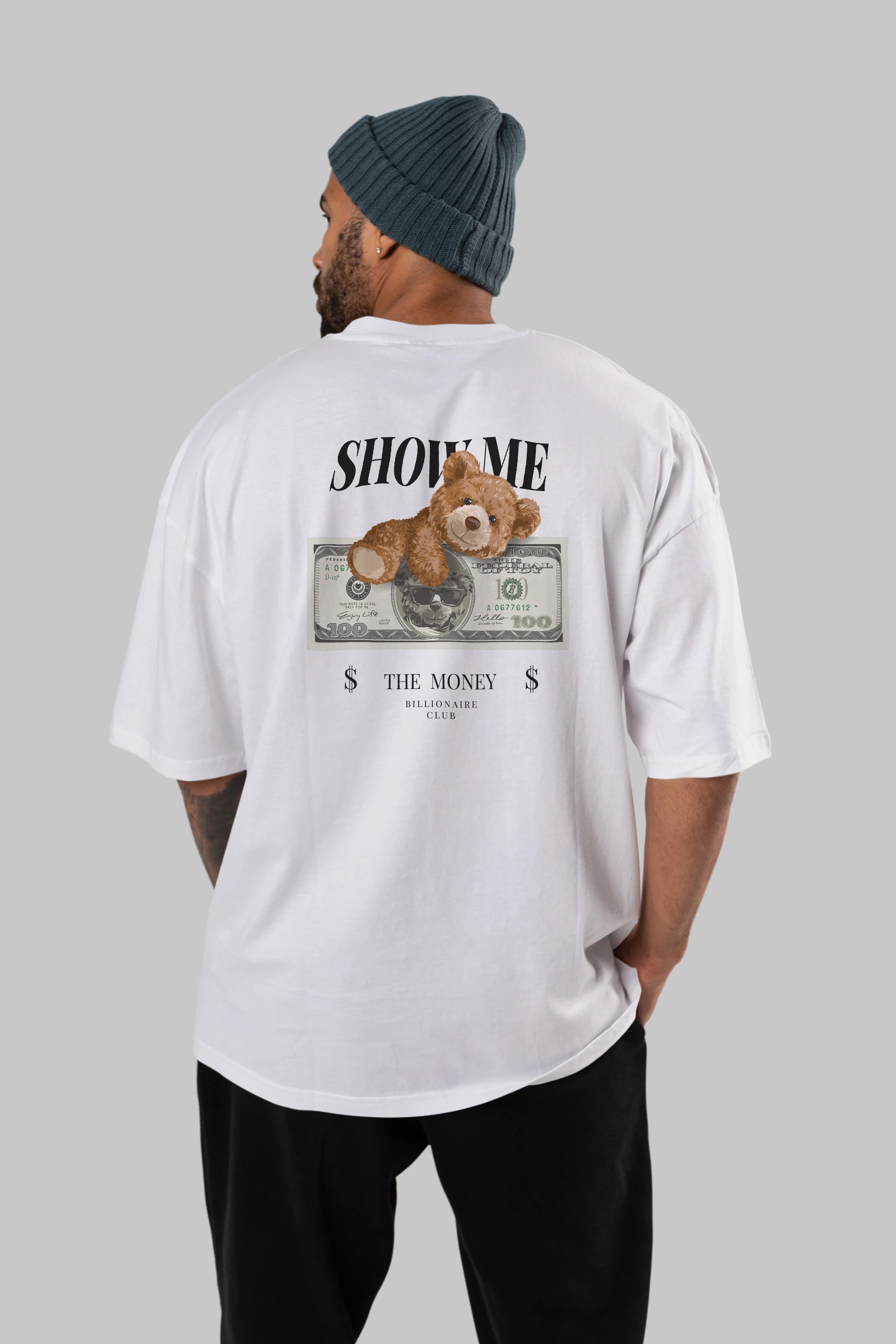 Teddy Bear The Money Arka Baskılı Oversize t-shirt Erkek Kadın Unisex %100 Pamuk