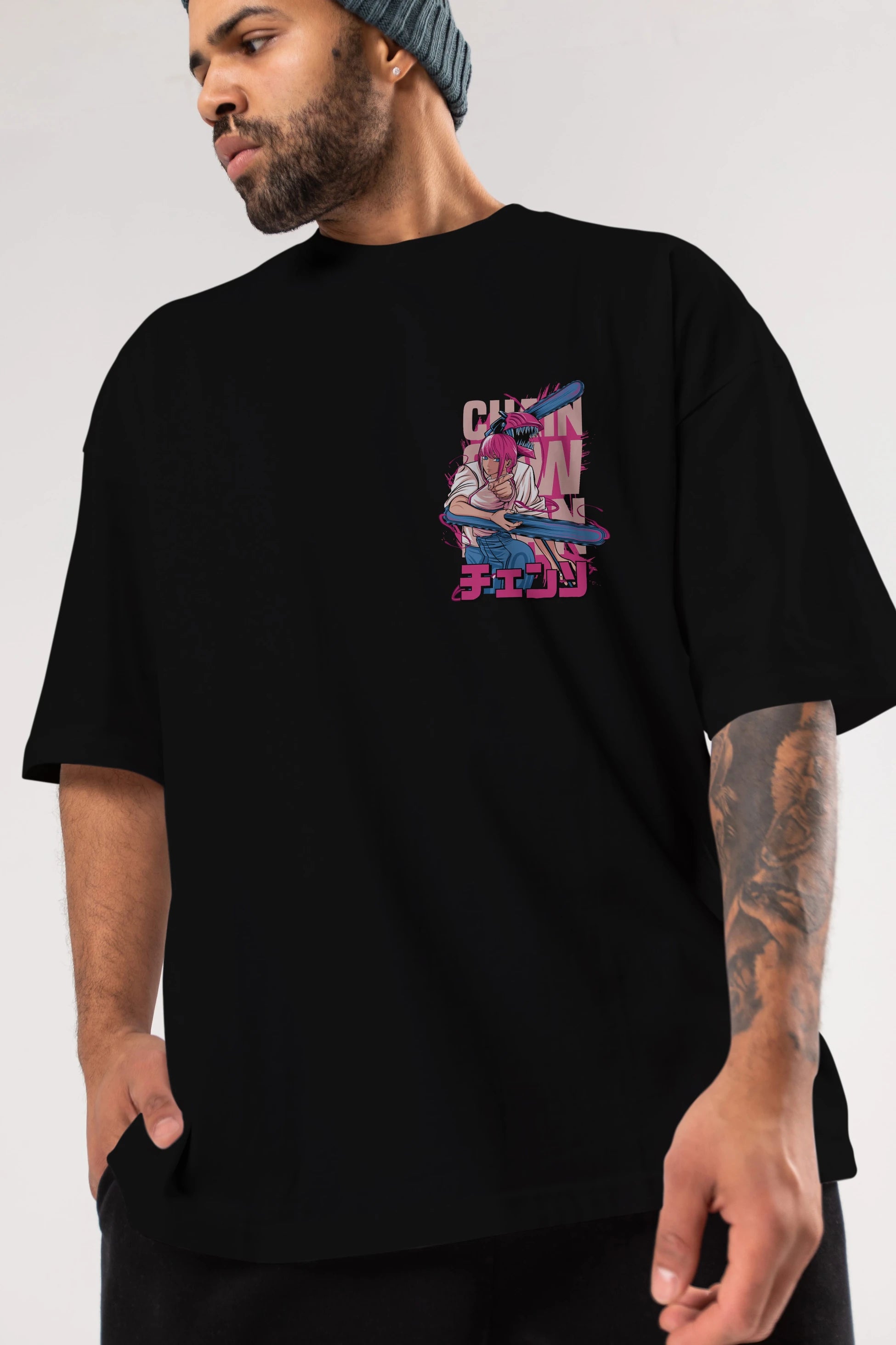 DENJI and MAKIMA Ön Sol Baskılı Oversize t-shirt Erkek Kadın Unisex %100 Pamuk Bisiklet Yaka tişort