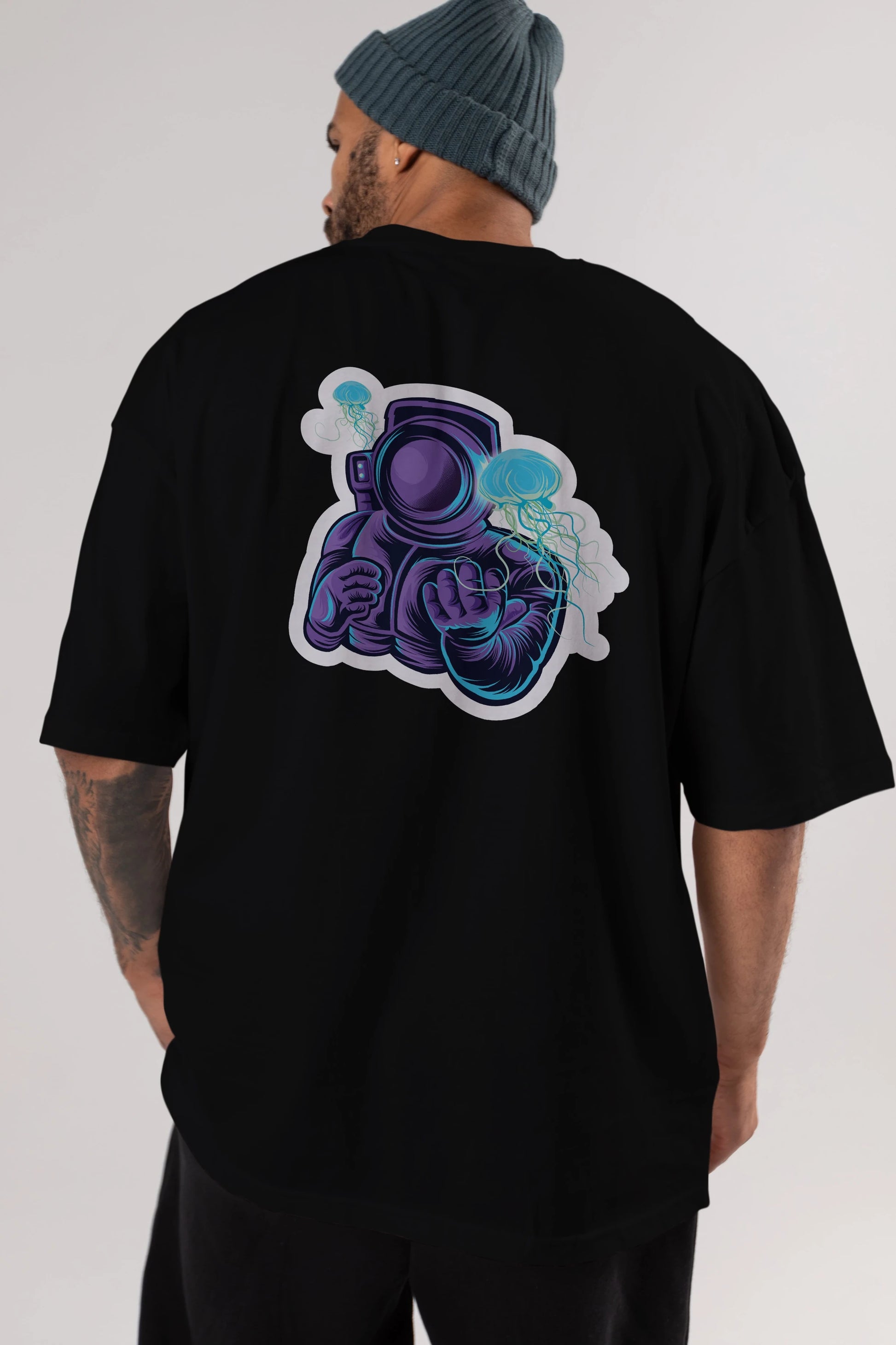 Astronaut and Jellyfish Sticker Arka Baskılı Oversize t-shirt Erkek Kadın Unisex