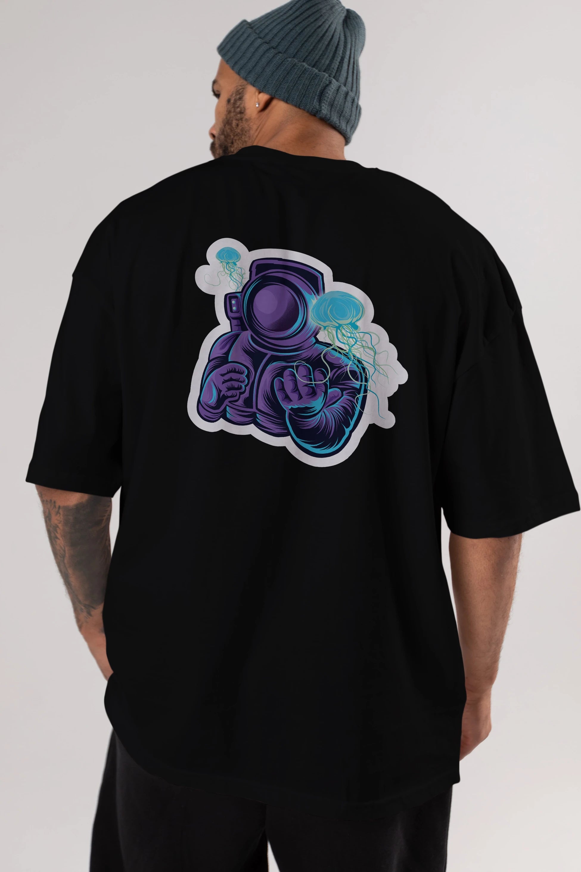 Astronaut and Jellyfish Sticker Arka Baskılı Oversize t-shirt Erkek Kadın Unisex