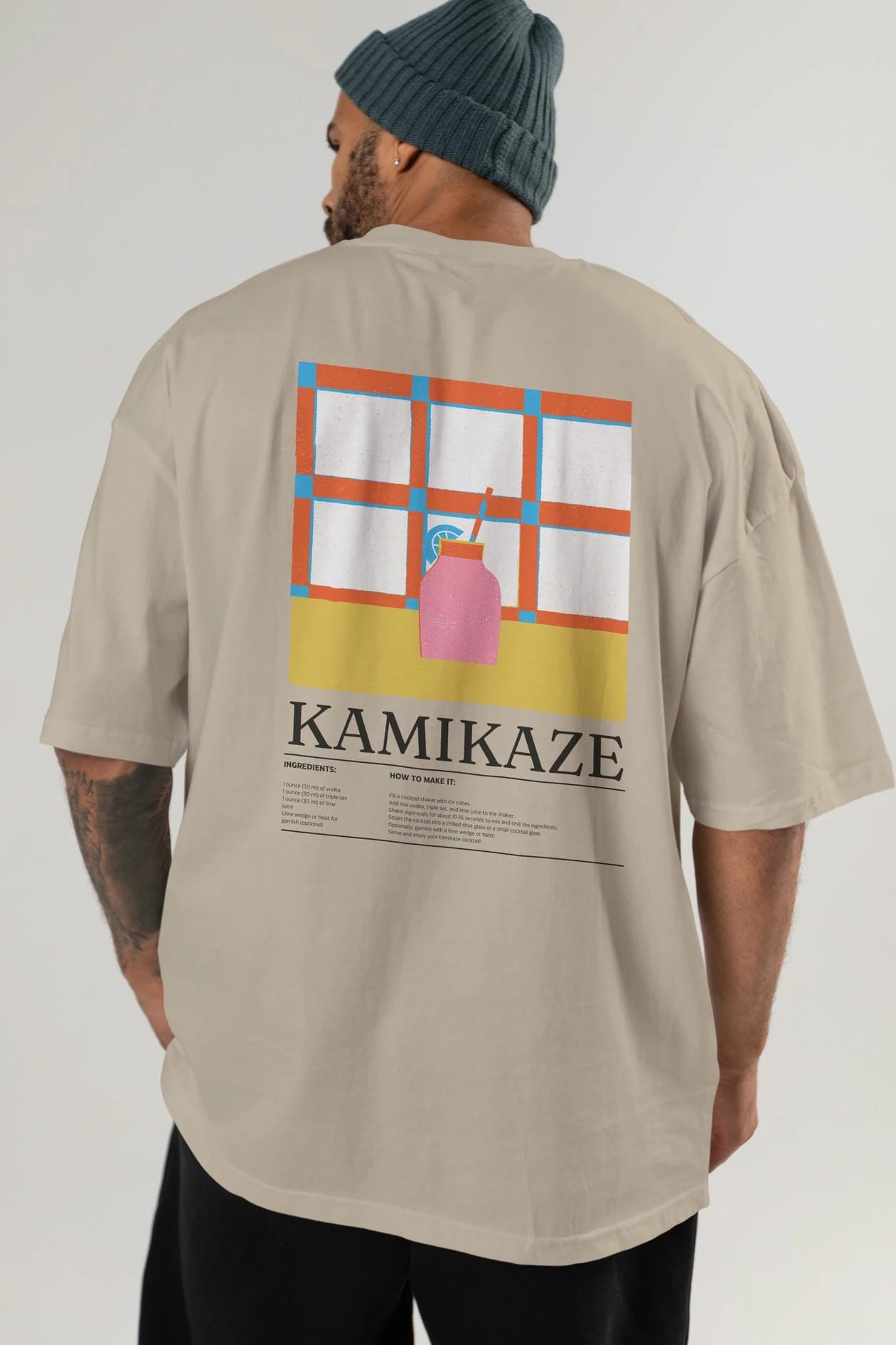 Kamikaze Kokteyl Serisi Arka Baskılı Oversize t-shirt Erkek Kadın %100 Pamuk Bisiklet Yaka tişort