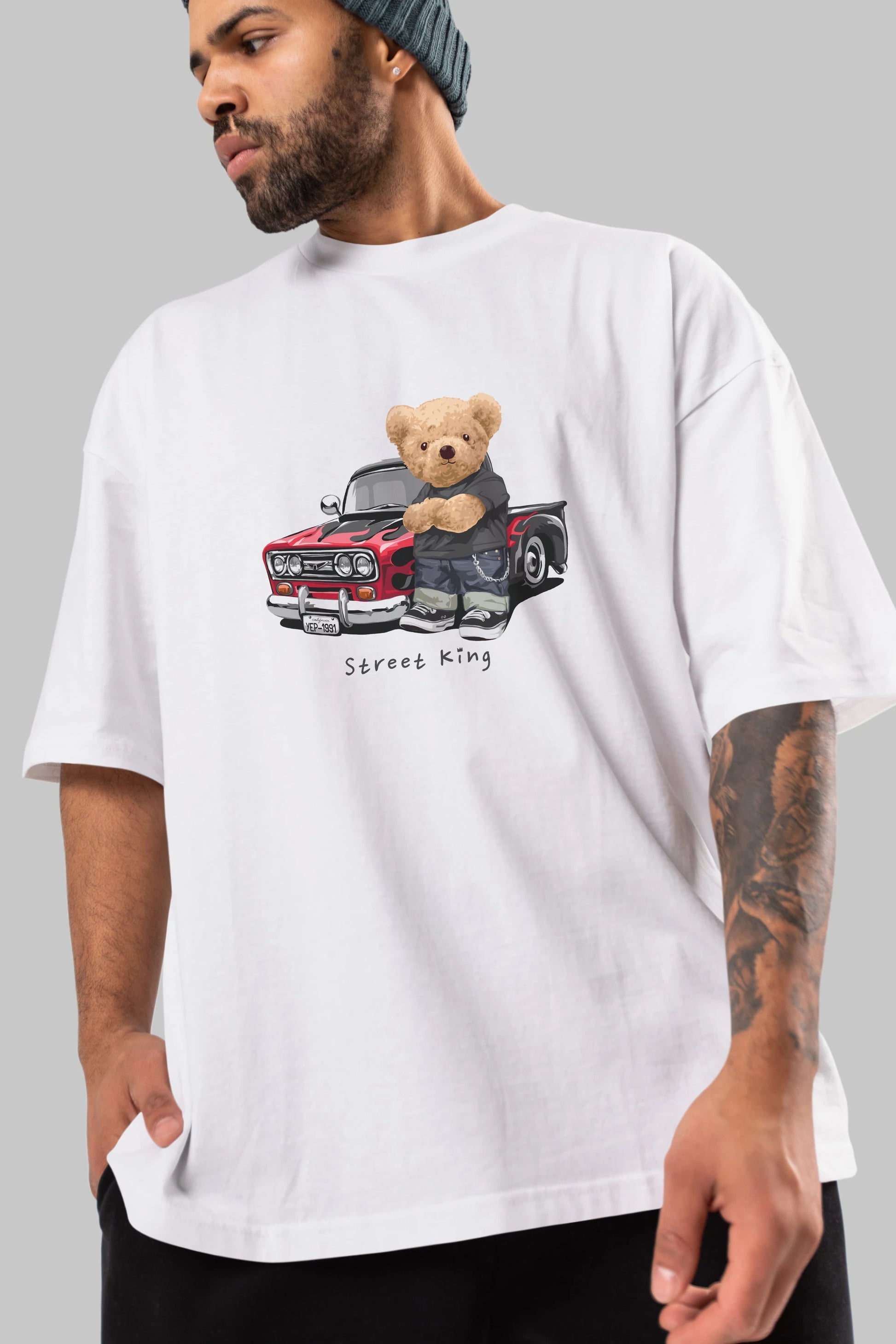 Teddy Bear Street King Ön Baskılı Oversize t-shirt Erkek Kadın Unisex %100 Pamuk
