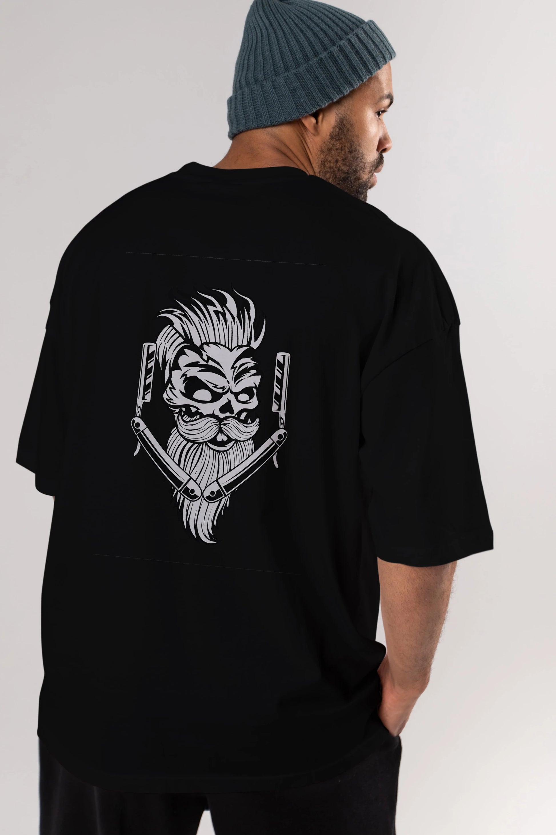 Skull Beard Arka Baskılı Oversize t-shirt Erkek Kadın Unisex %100 Pamuk tişort