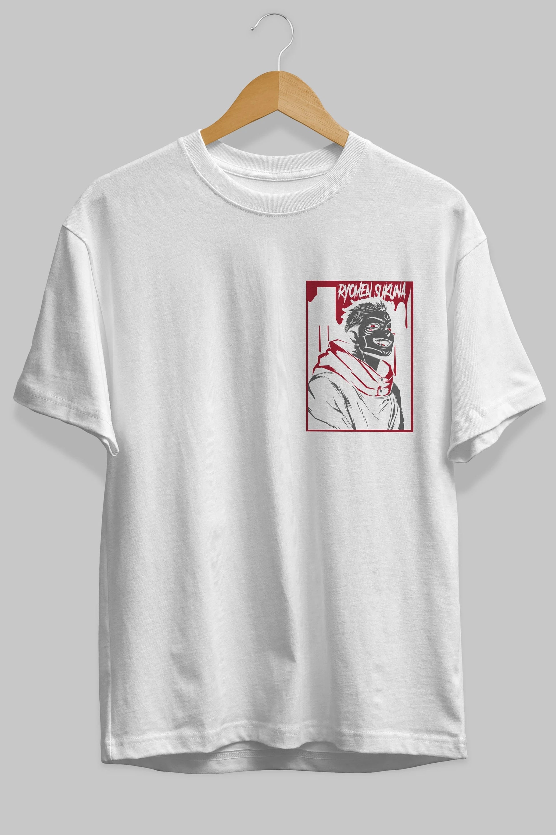 SUKUNA Ön Sol Baskılı Oversize t-shirt Erkek Kadın Unisex %100 Pamuk Bisiklet Yaka tişort