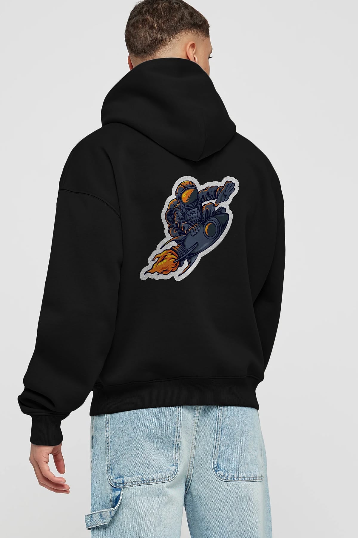 Astrocket Illustration Sticker Arka Baskılı Hoodie Oversize Kapüşonlu Sweatshirt Erkek Kadın Unisex