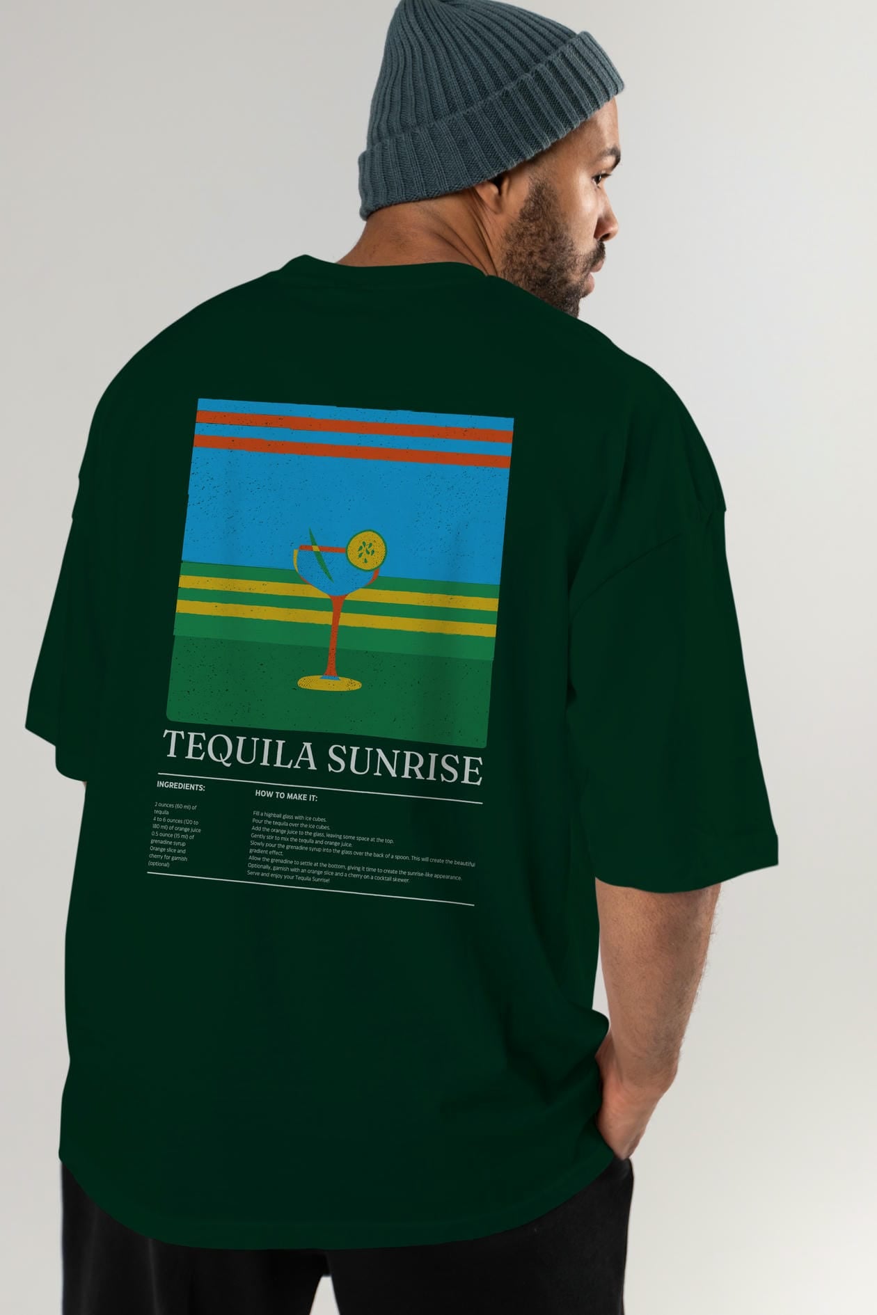 Tequila Sunrise Kokteyl Serisi Arka Baskılı Oversize t-shirt Erkek Kadın %100 Pamuk Bisiklet Yaka tişort