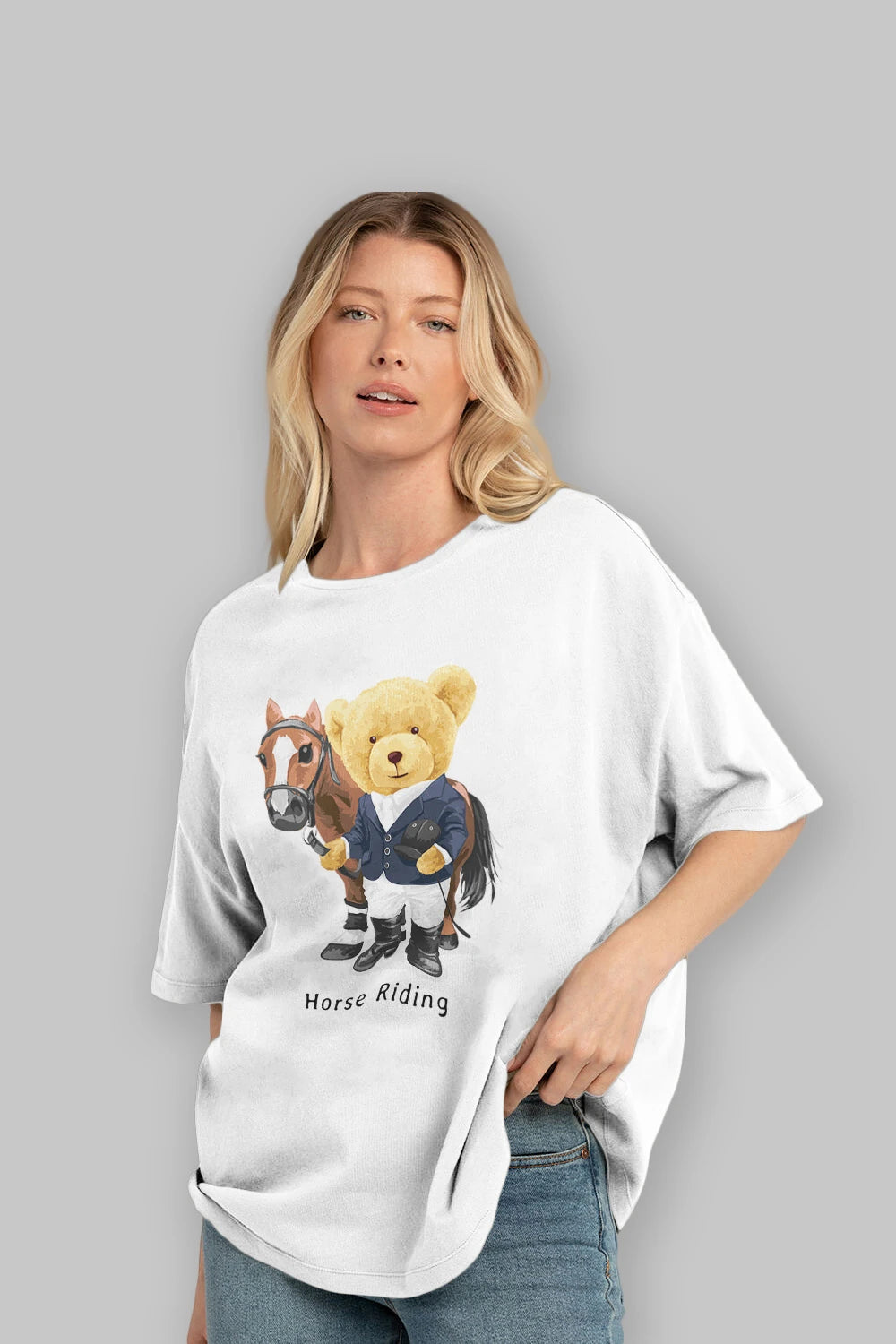 Teddy Bear Horse Riding Ön Baskılı Oversize t-shirt Erkek Kadın Unisex %100 Pamuk