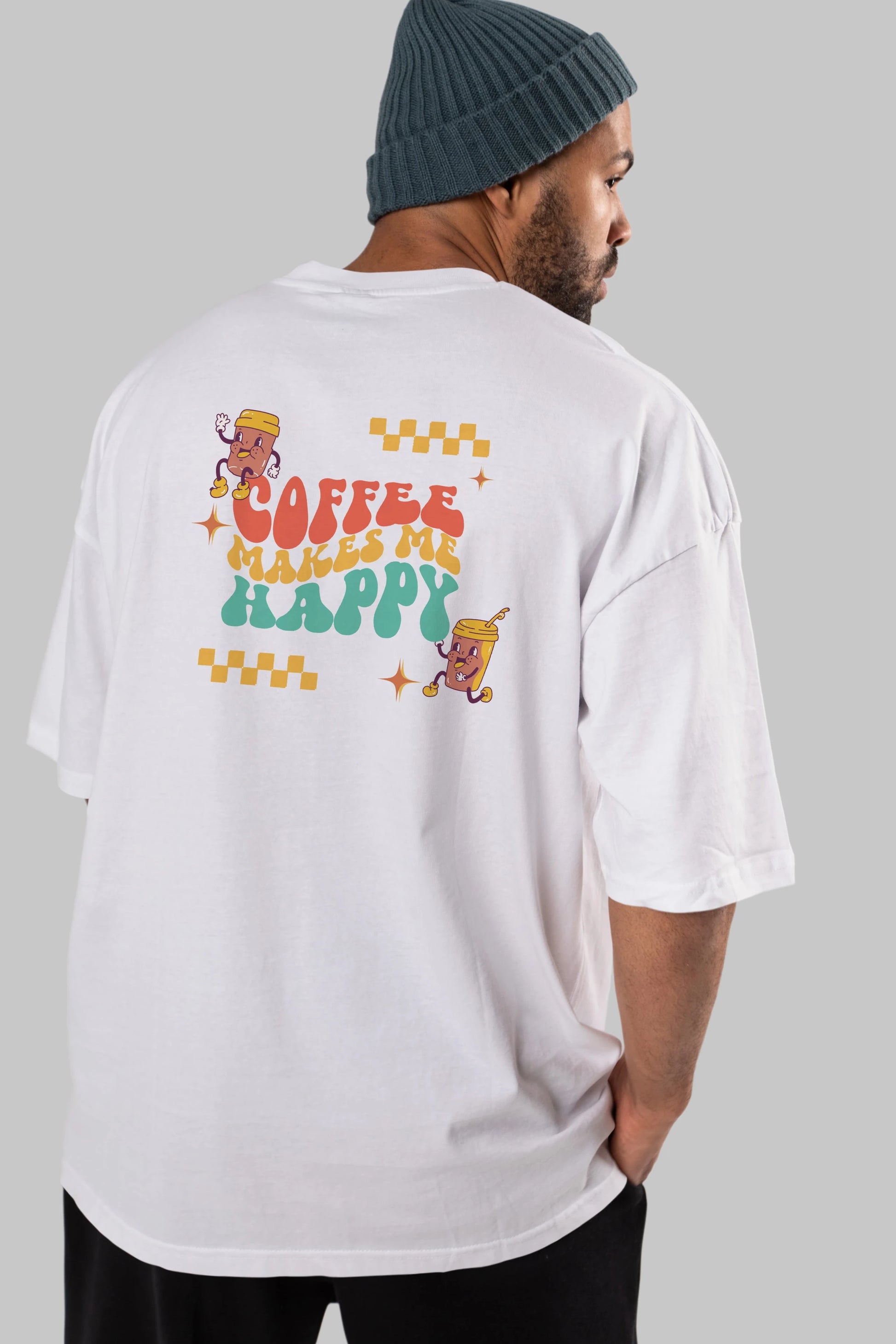 Coffee Makes Me Happy Yazılı Arka Baskılı Oversize t-shirt Erkek Kadın Unisex