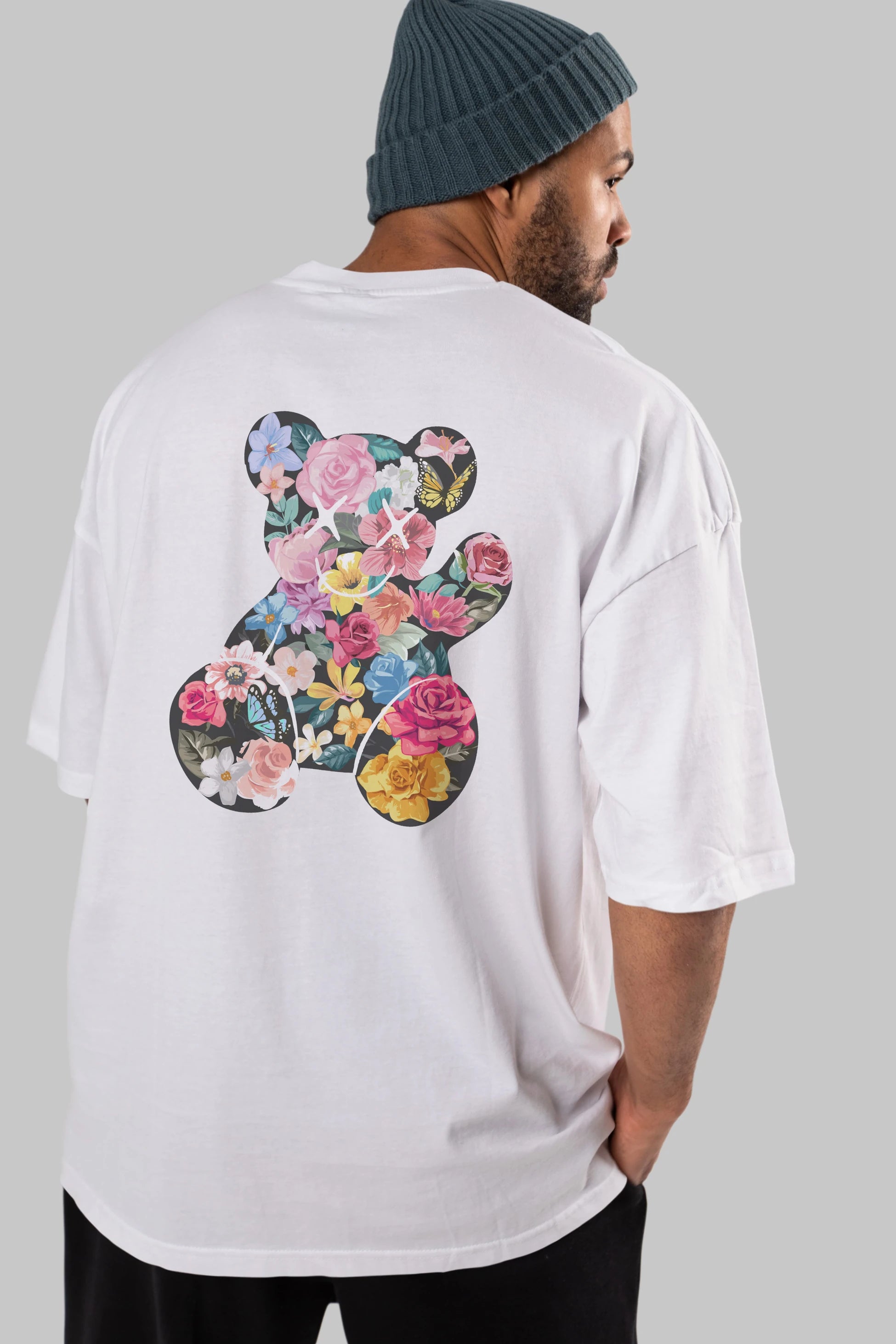 Flowers Bear Arka Baskılı Oversize t-shirt Erkek Kadın Unisex