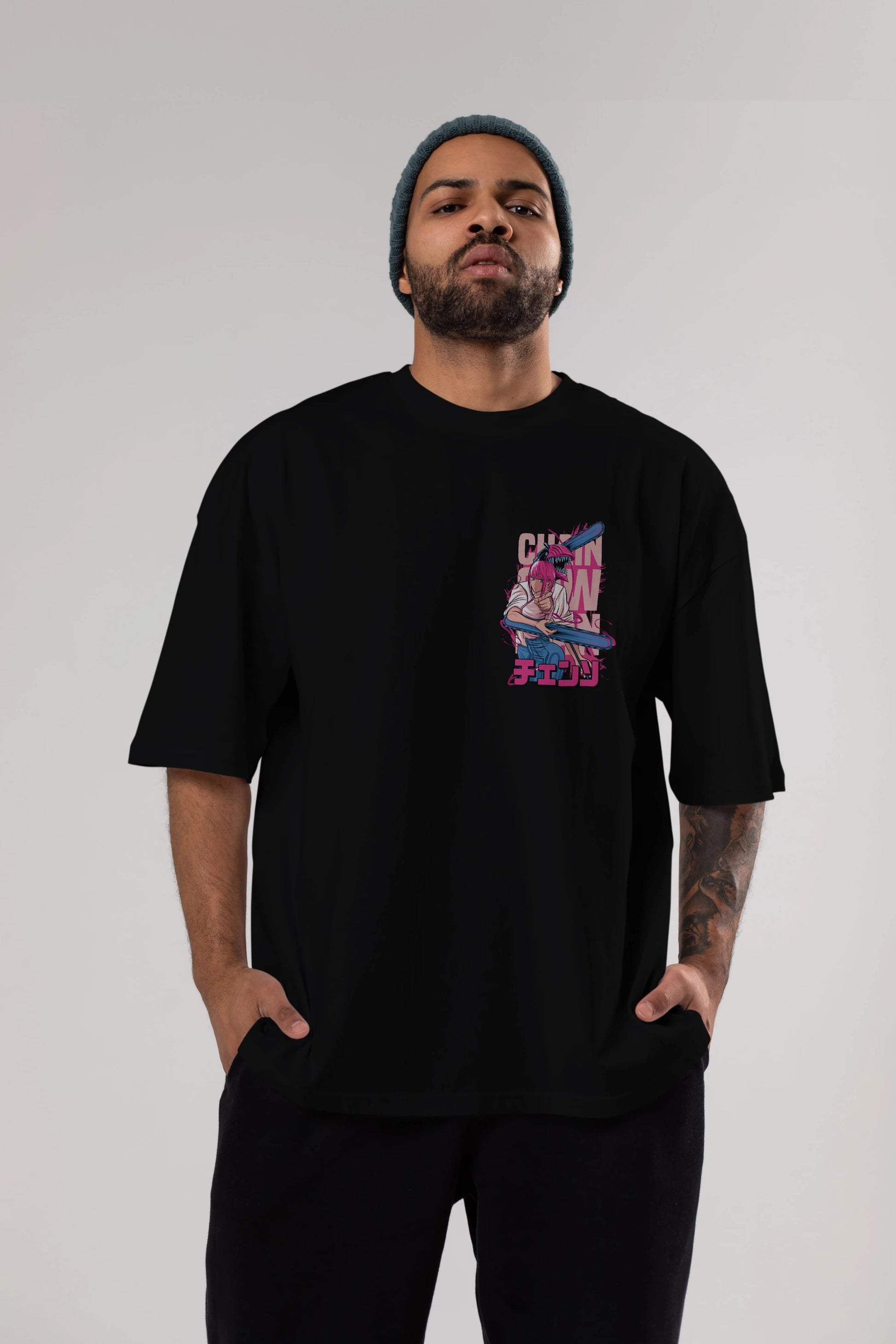 DENJI and MAKIMA Ön Sol Baskılı Oversize t-shirt Erkek Kadın Unisex %100 Pamuk Bisiklet Yaka tişort