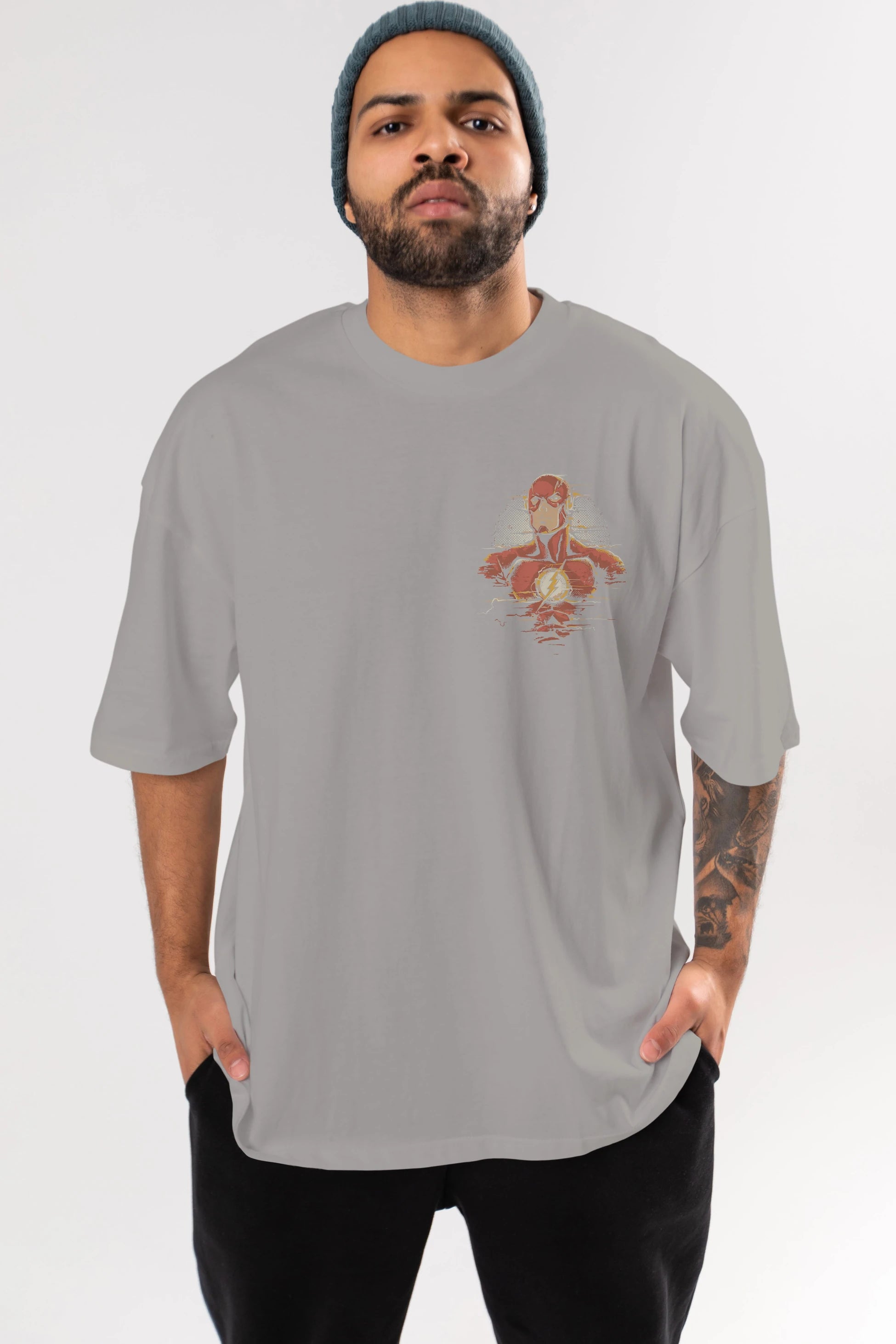 Flash Avengers Ön Sol Baskılı Oversize t-shirt Erkek Kadın Unisex %100 Pamuk Bisiklet Yaka tişort