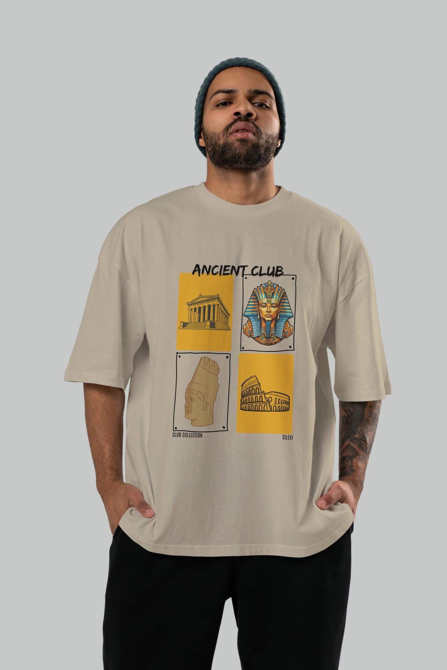 Ancient Club ön Baskılı Oversize t-shirt Erkek Kadın %100 Pamuk Bisiklet Yaka tişort