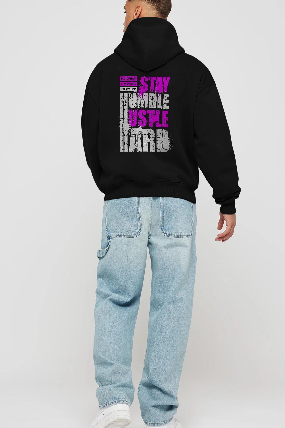 Stay Hustle Arka Baskılı Hoodie Oversize Kapüşonlu Sweatshirt Erkek Kadın Unisex