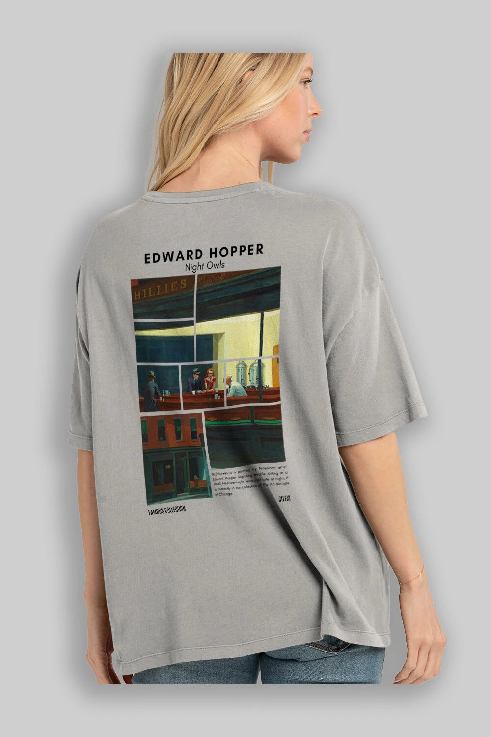 Edward Hopper Night Owls Arka Baskılı Oversize t-shirt Erkek Kadın Bisiklet Yaka Pamuk tişort
