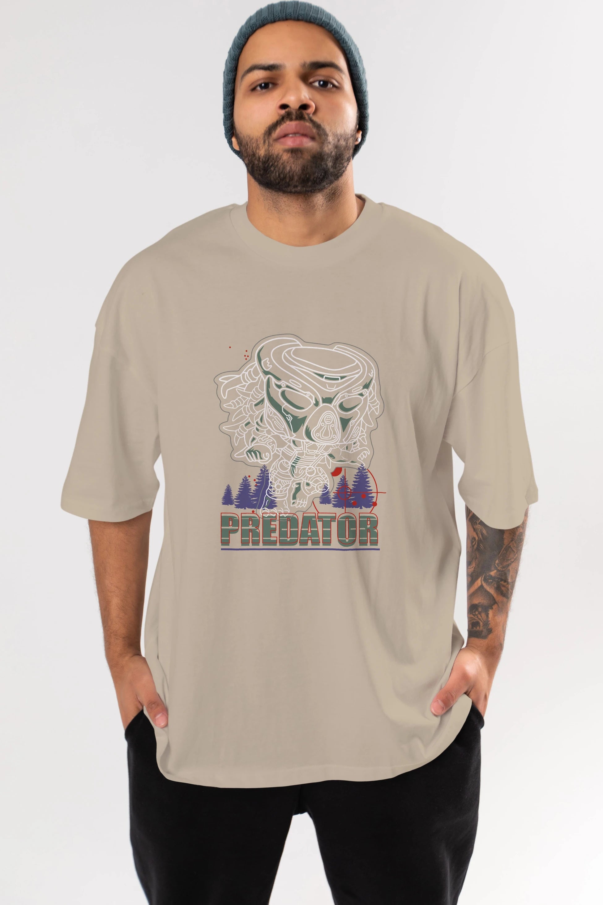 Predator Ön Baskılı Oversize t-shirt Erkek Kadın Unisex %100 Pamuk Bisiklet Yaka tişort