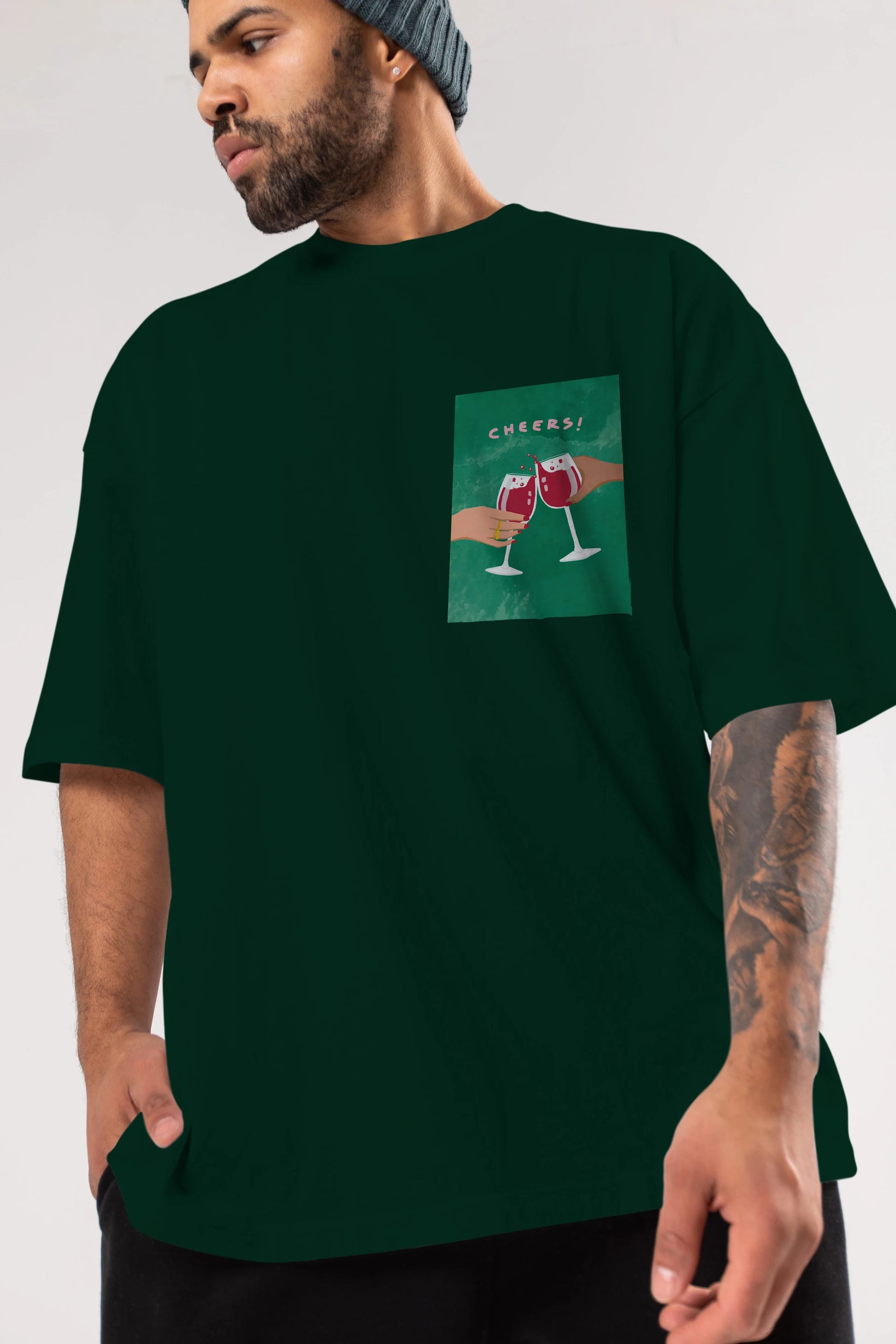 Cheers Ön Sol Baskılı Oversize t-shirt Erkek Kadın Unisex %100 Pamuk Bisiklet Yaka tişort
