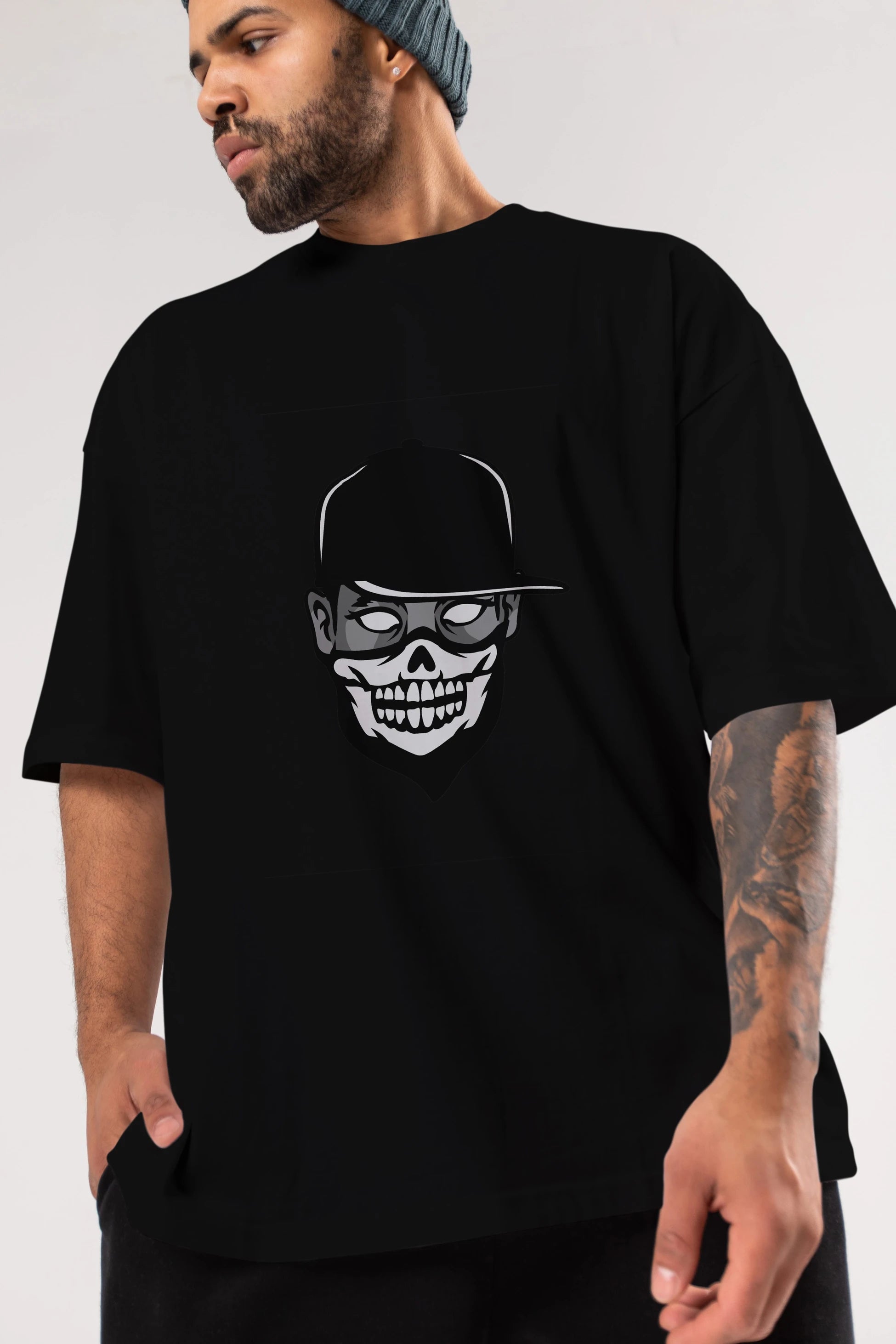 Skull Mask Ön Baskılı Oversize t-shirt Erkek Kadın Unisex %100 Pamuk tişort