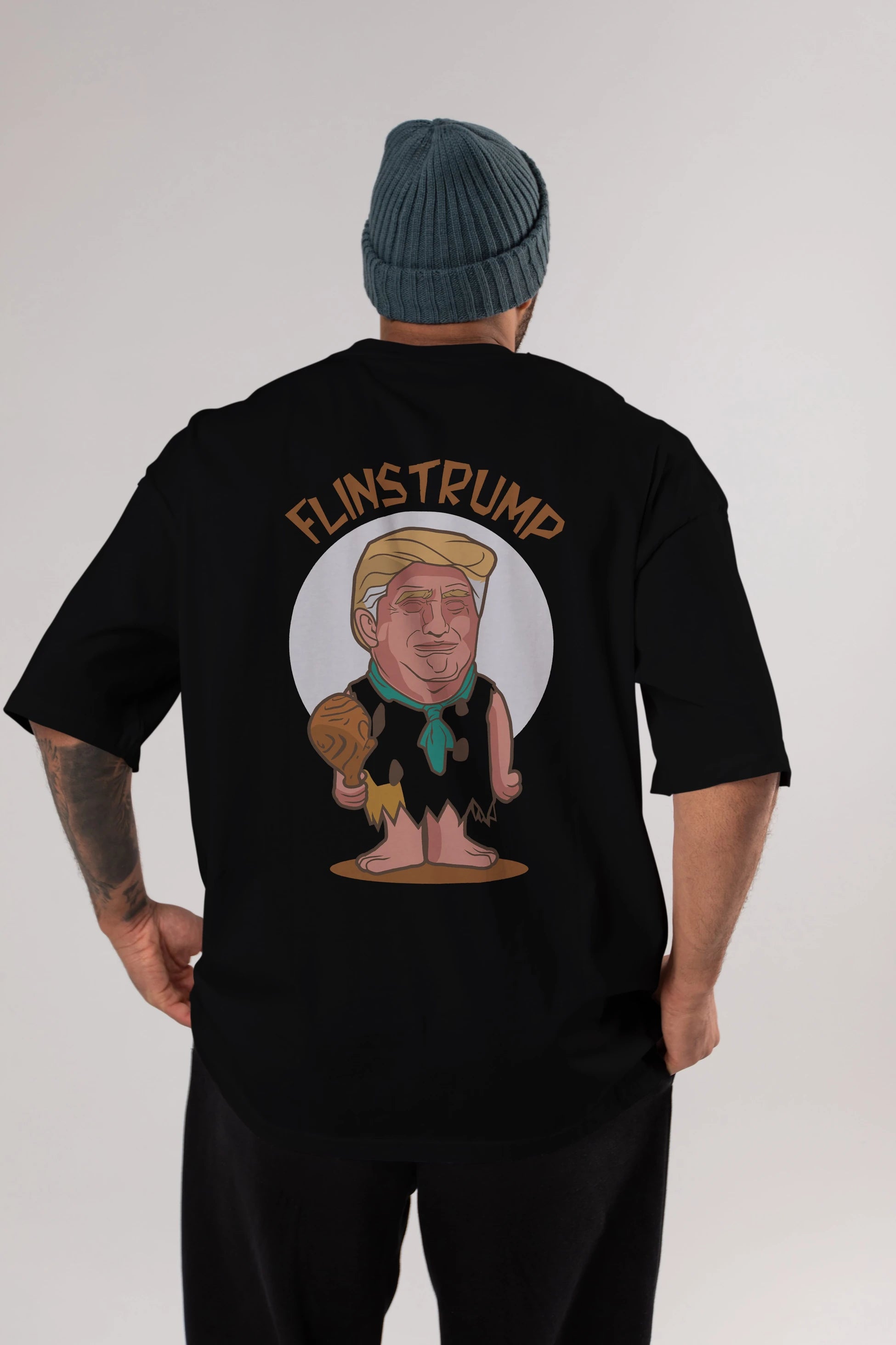 Flinstrump Arka Baskılı Oversize t-shirt Erkek Kadın Unisex %100 Pamuk tişort