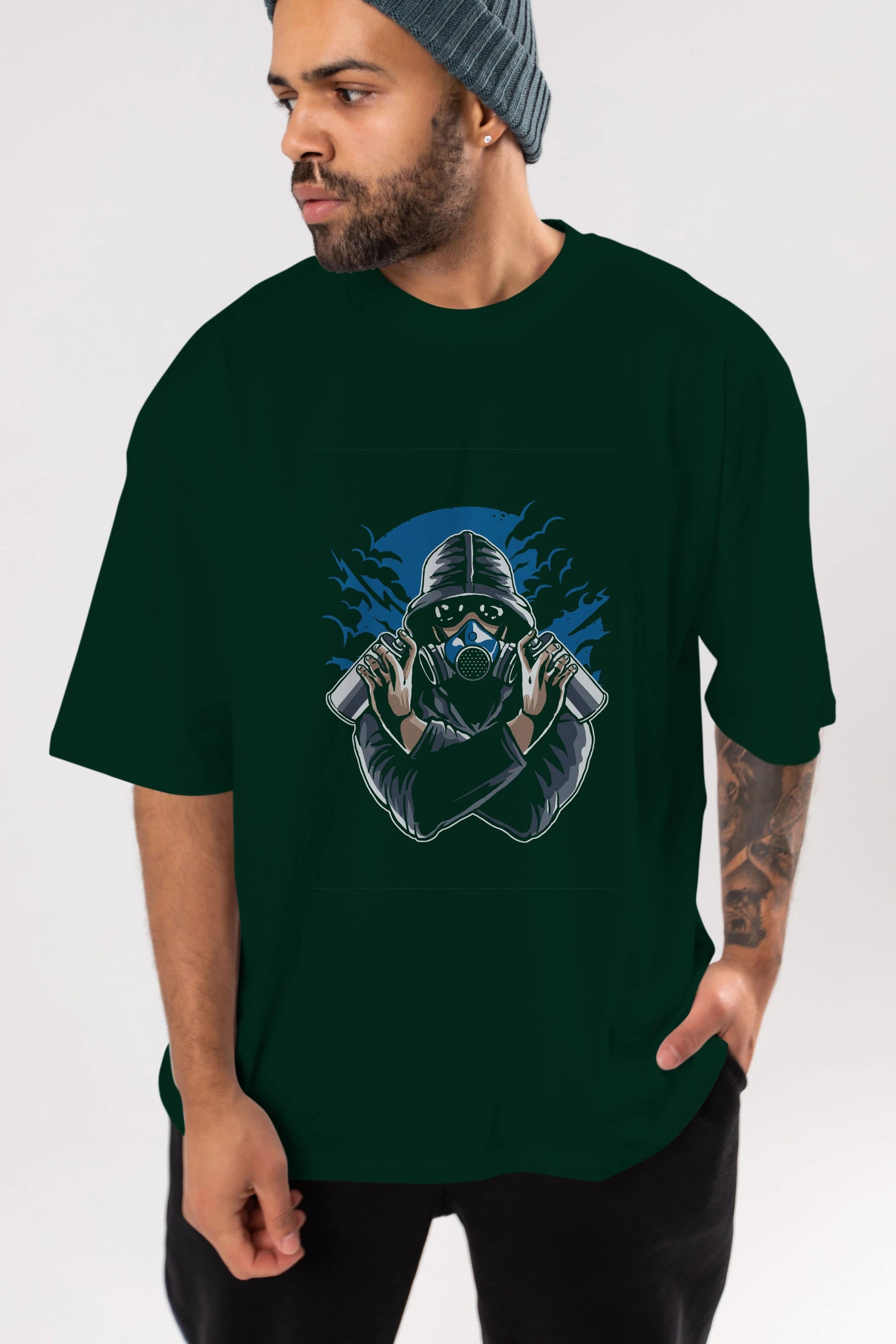 Graffiti Gasmask Ön Baskılı Oversize t-shirt Erkek Kadın Unisex %100 Pamuk tişort