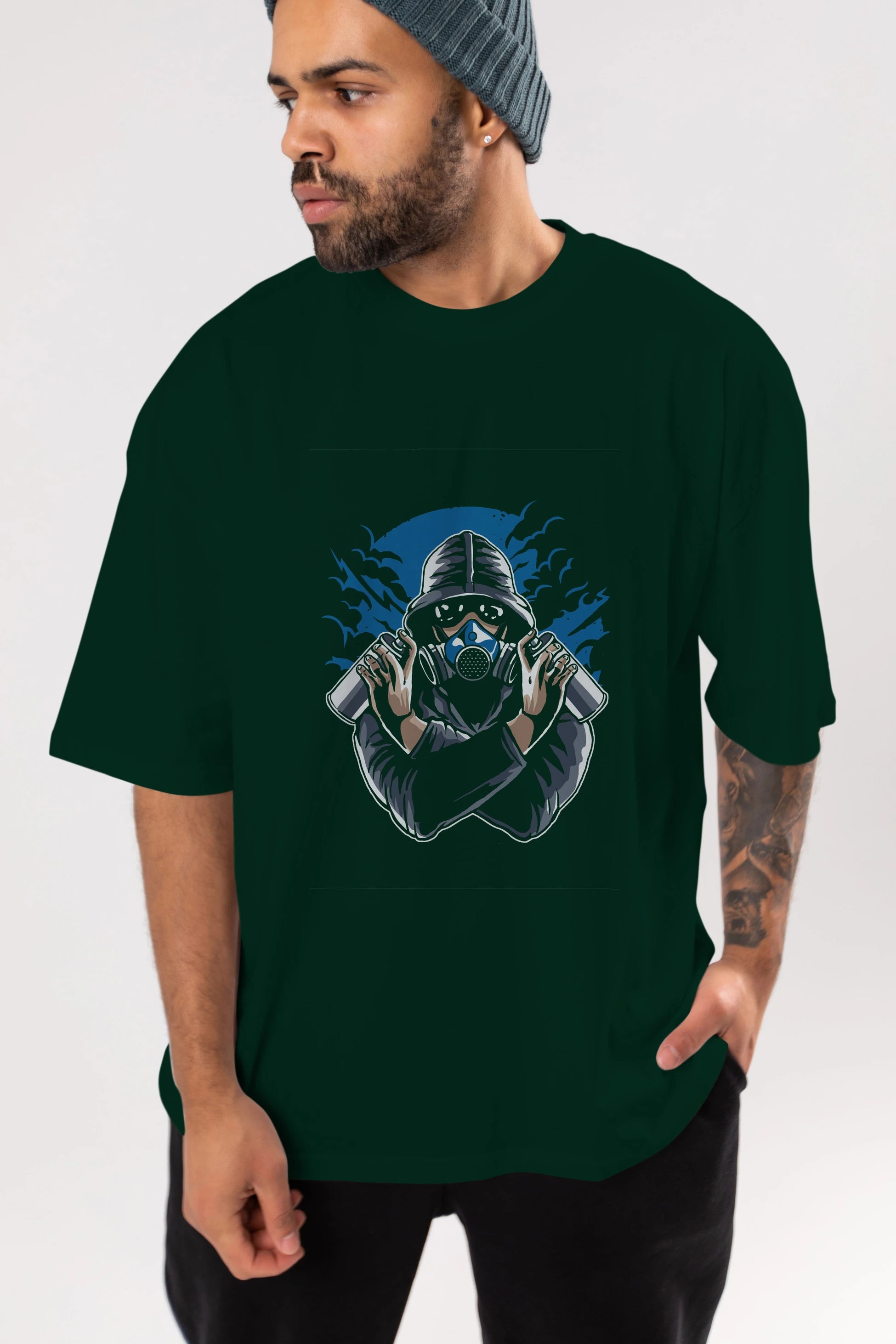Graffiti Gasmask Ön Baskılı Oversize t-shirt Erkek Kadın Unisex %100 Pamuk tişort