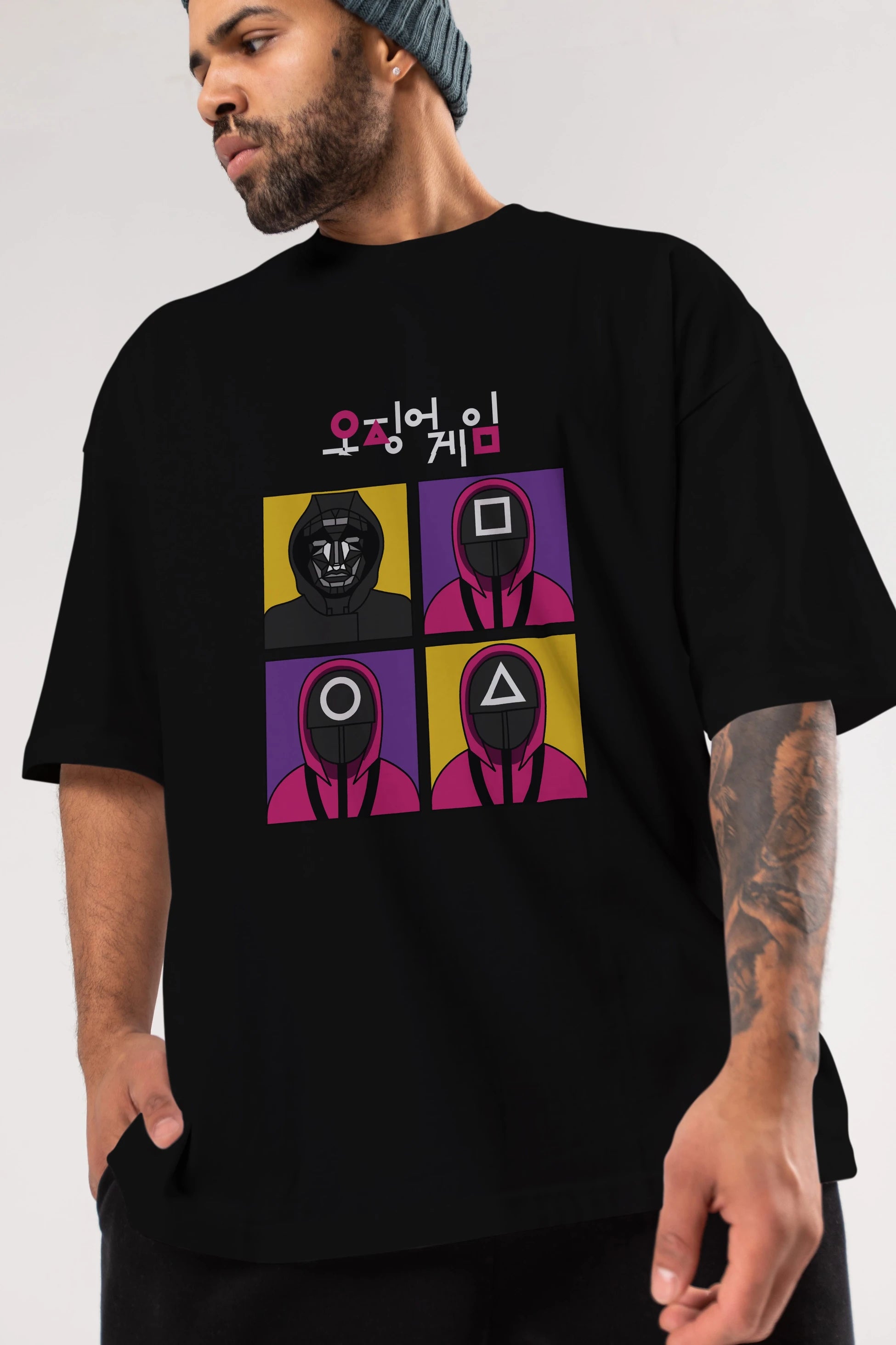 Squid Game (1) Ön Baskılı Oversize t-shirt Erkek Kadın Unisex %100 Pamuk Bisiklet Yaka tişort