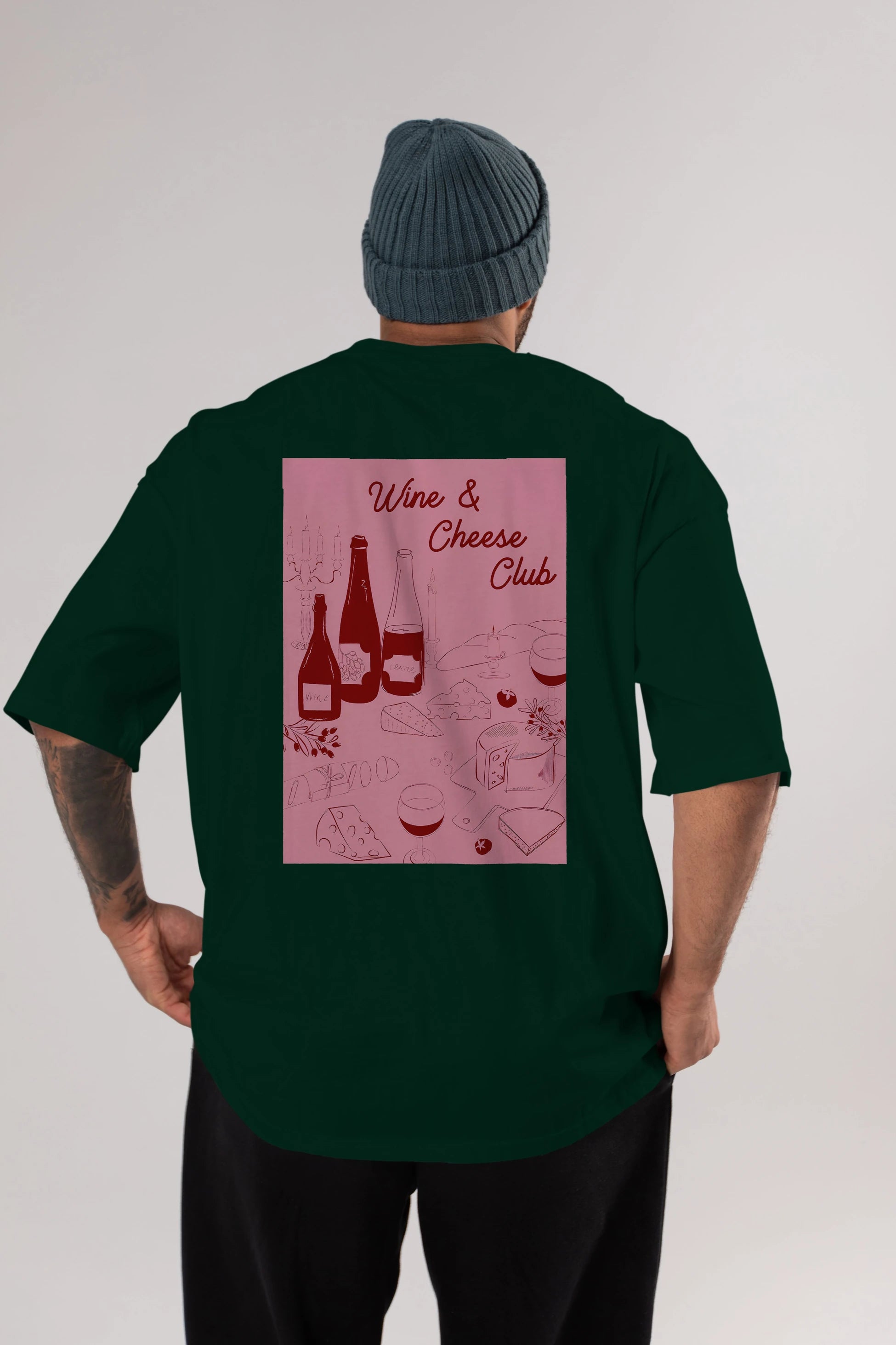 Wine Cheese Club Arka Baskılı Oversize t-shirt Erkek Kadın Unisex %100 Pamuk Bisiklet Yaka tişort