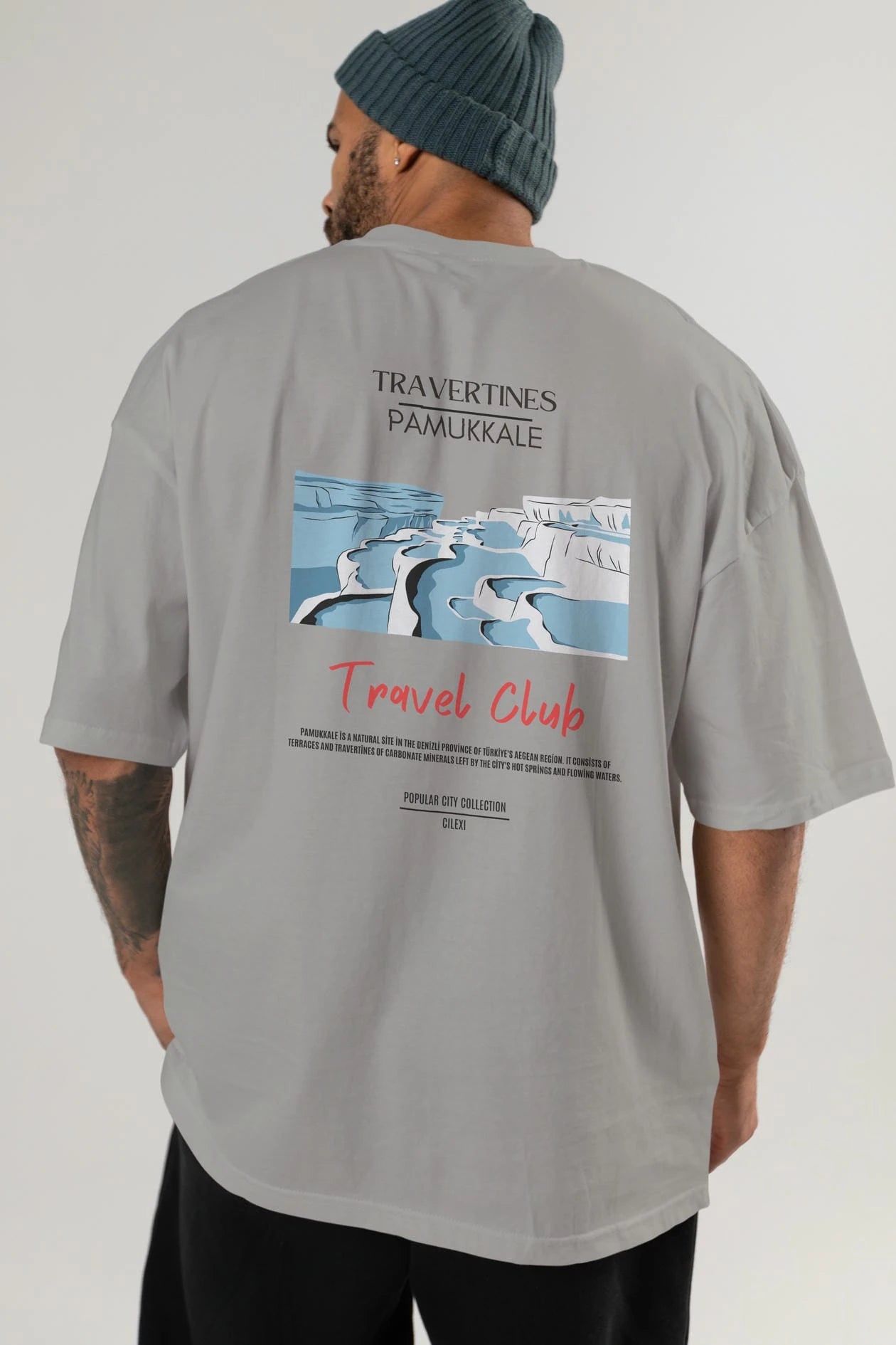 Travertines Pamukkale Arka Baskılı Oversize t-shirt Erkek Kadın Pamuk Bisiklet Yaka tişort