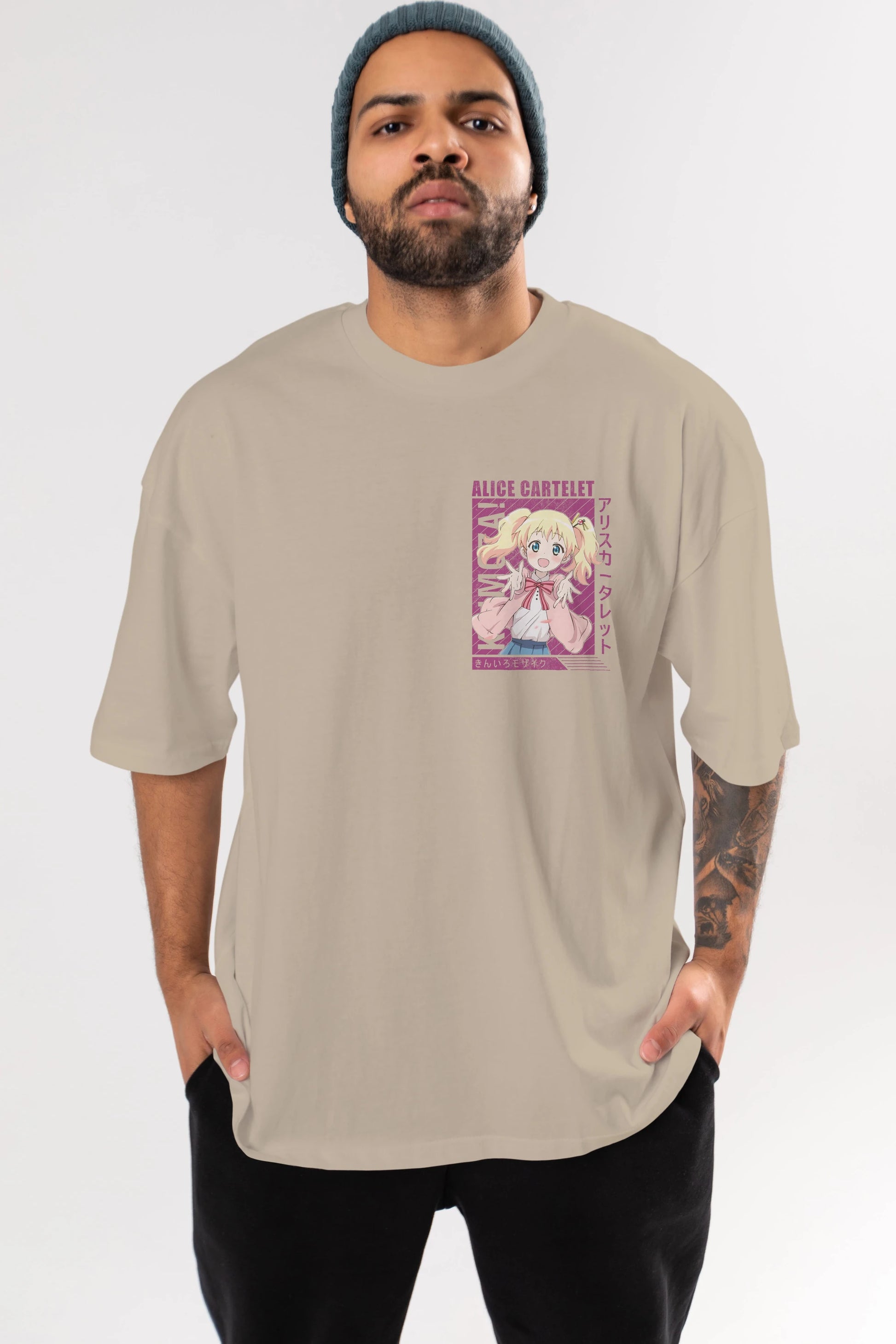Alice Cartelet 12 Ön Sol Baskılı Oversize t-shirt Erkek Kadın Unisex %100 Pamuk Bisiklet Yaka tişort
