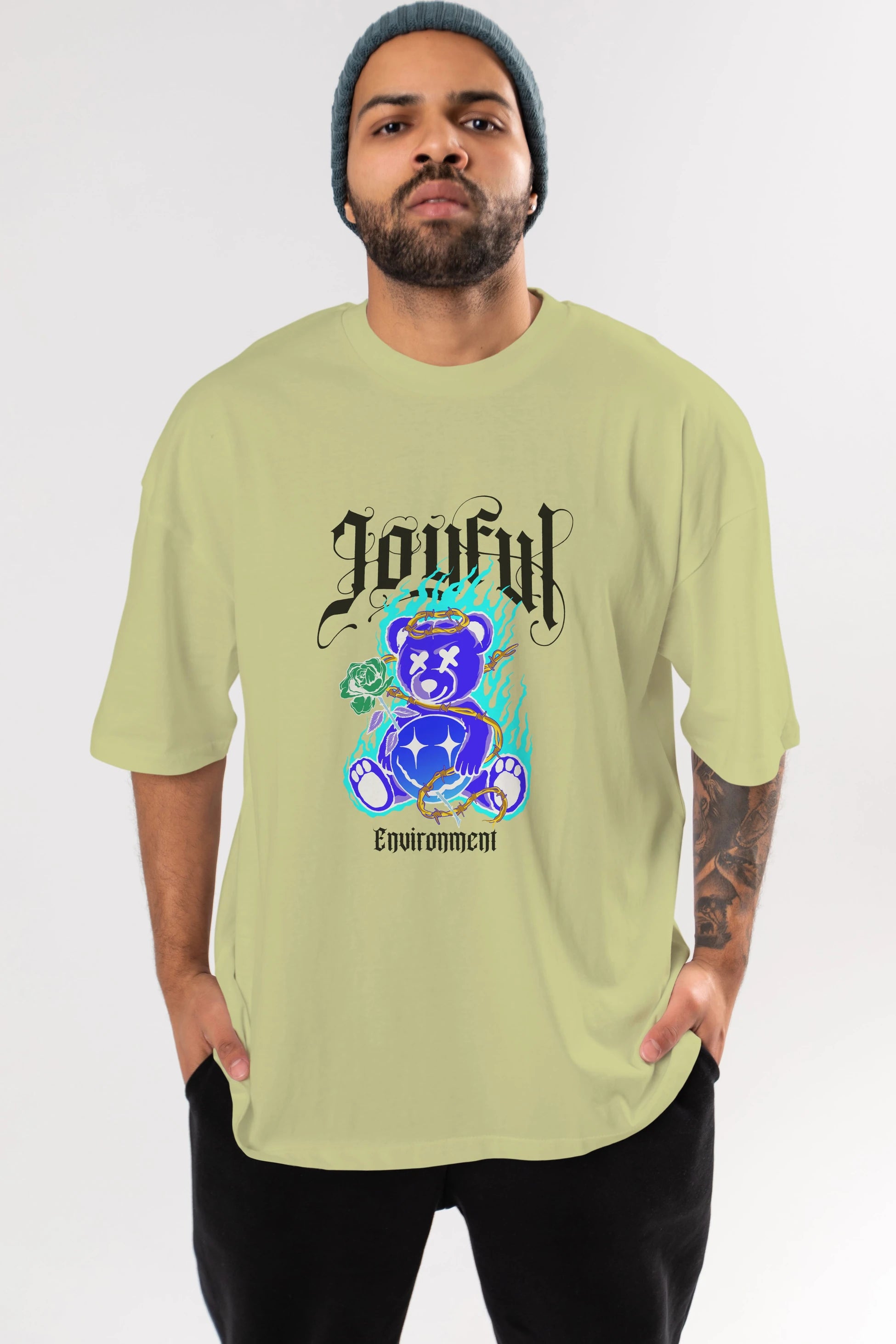 Joyful Bear Ön Baskılı Oversize t-shirt Erkek Kadın Unisex