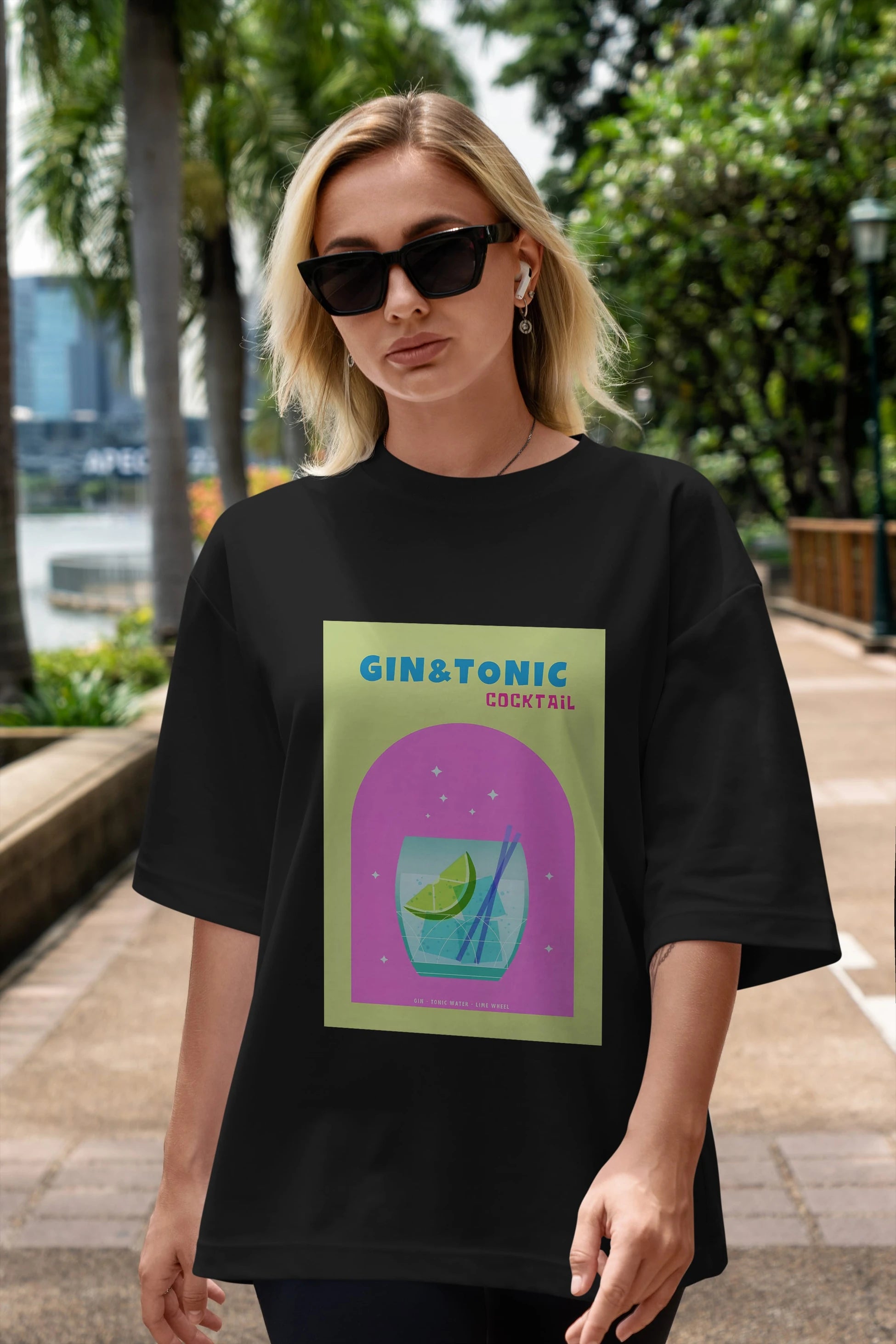 Gin Tonic Cocktail Ön Baskılı Oversize t-shirt Erkek Kadın Unisex %100 Pamuk Bisiklet Yaka tişort