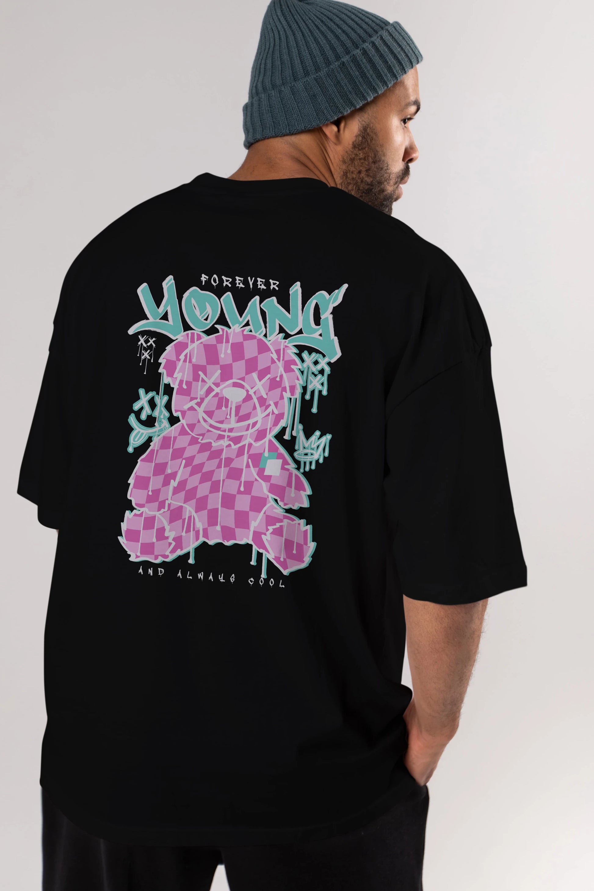 Young and Always Cool Bear Arka Baskılı Oversize t-shirt Erkek Kadın Unisex