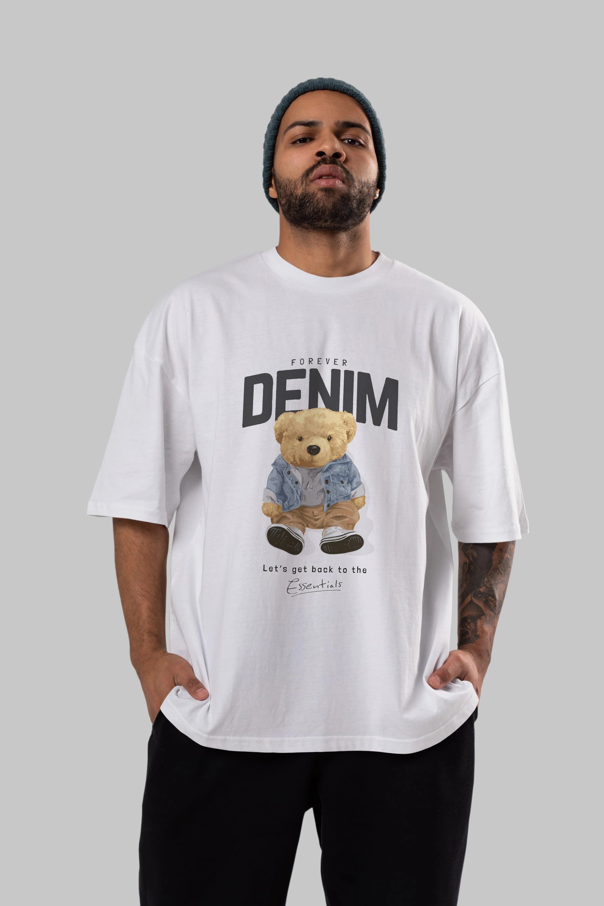 Teddy Bear Forever Denim Ön Baskılı Oversize t-shirt Erkek Kadın Unisex %100 Pamuk