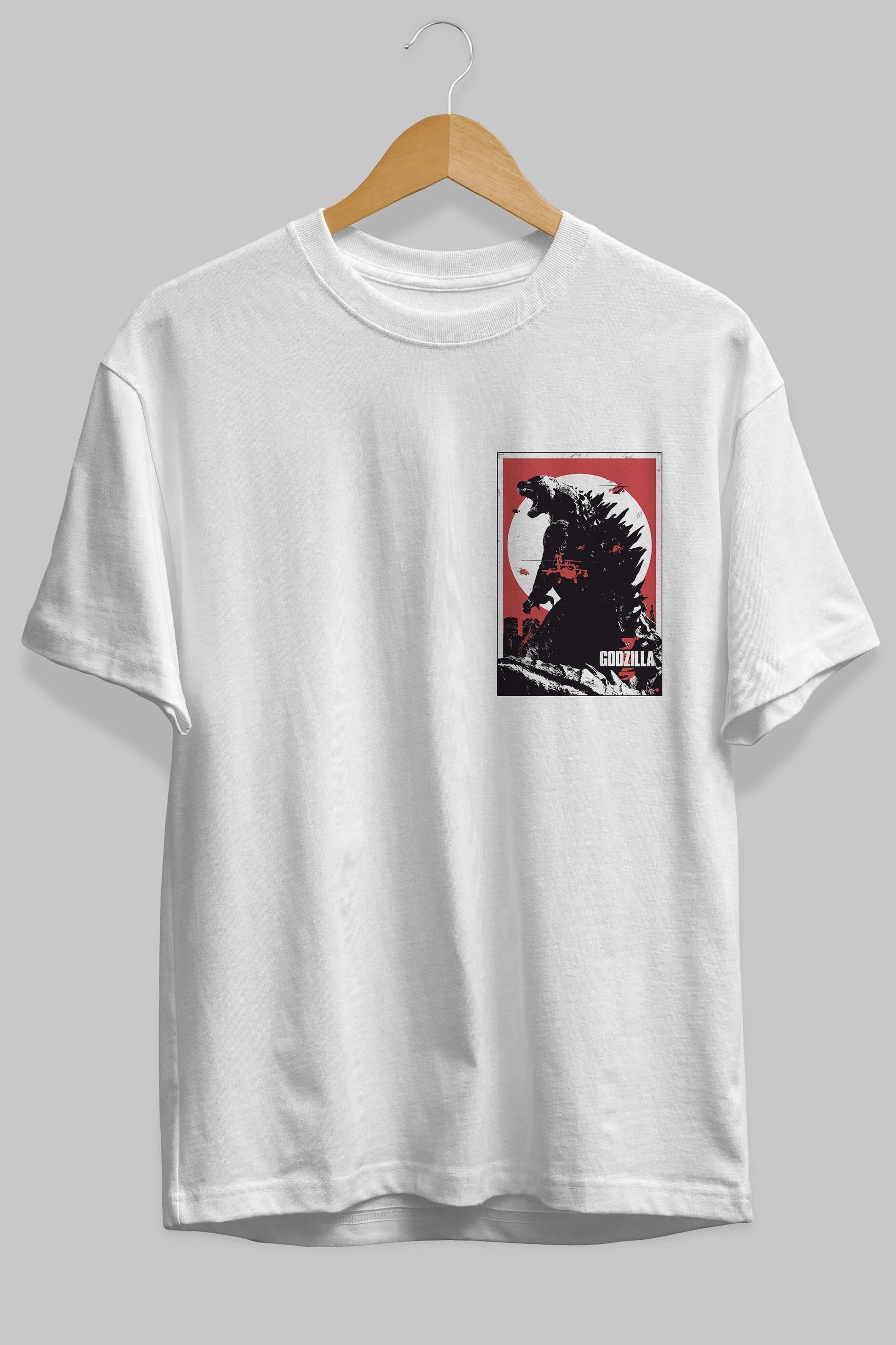 Godzilla (2) Ön Sol Baskılı Oversize t-shirt Erkek Kadın Unisex %100 Pamuk Bisiklet Yaka tişort
