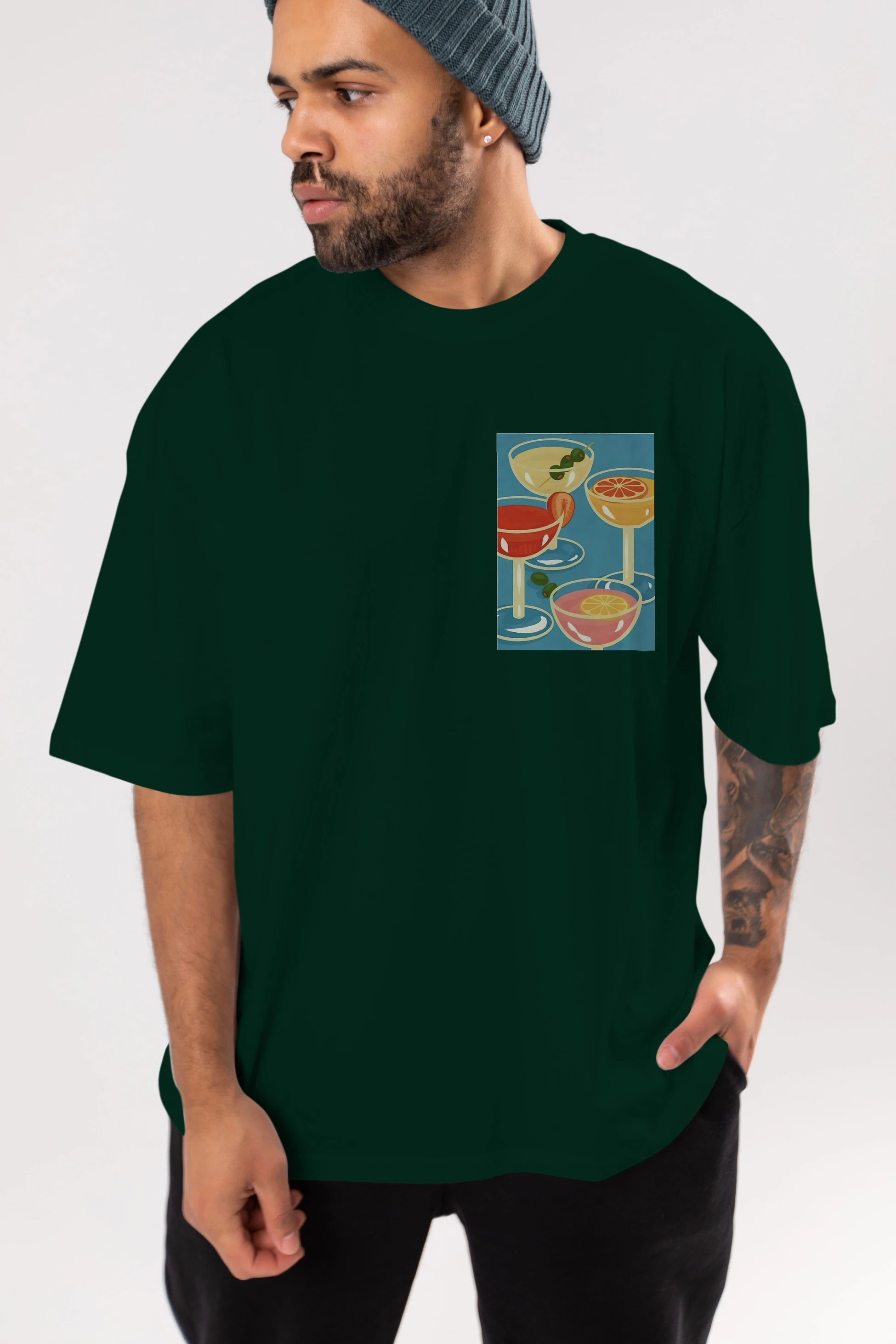 Cocktails Ön Sol Baskılı Oversize t-shirt Erkek Kadın Unisex %100 Pamuk Bisiklet Yaka tişort