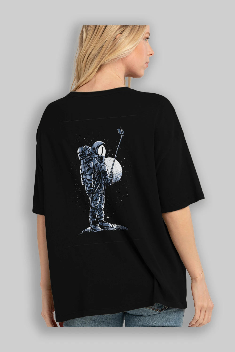 Selfie Astronaut Arka Baskılı Oversize t-shirt Erkek Kadın Unisex %100 Pamuk