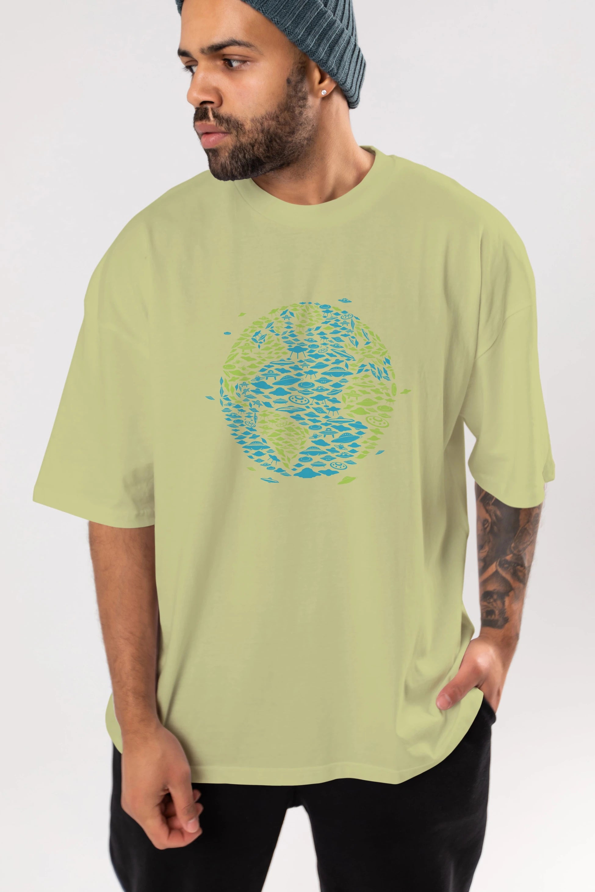UFO Invasion Ön Baskılı Oversize t-shirt %100 pamuk Erkek Kadın Unisex