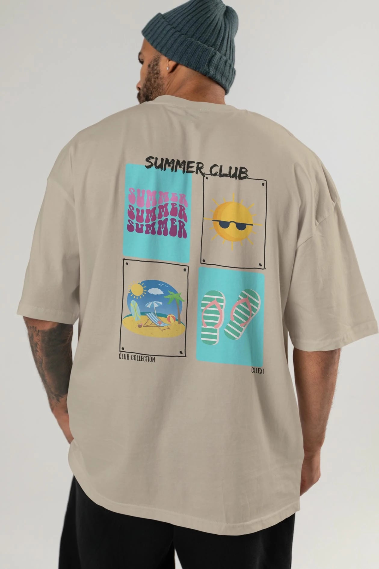 Summer Club Arka Baskılı Oversize t-shirt Erkek Kadın %100 Pamuk Bisiklet Yaka tişort