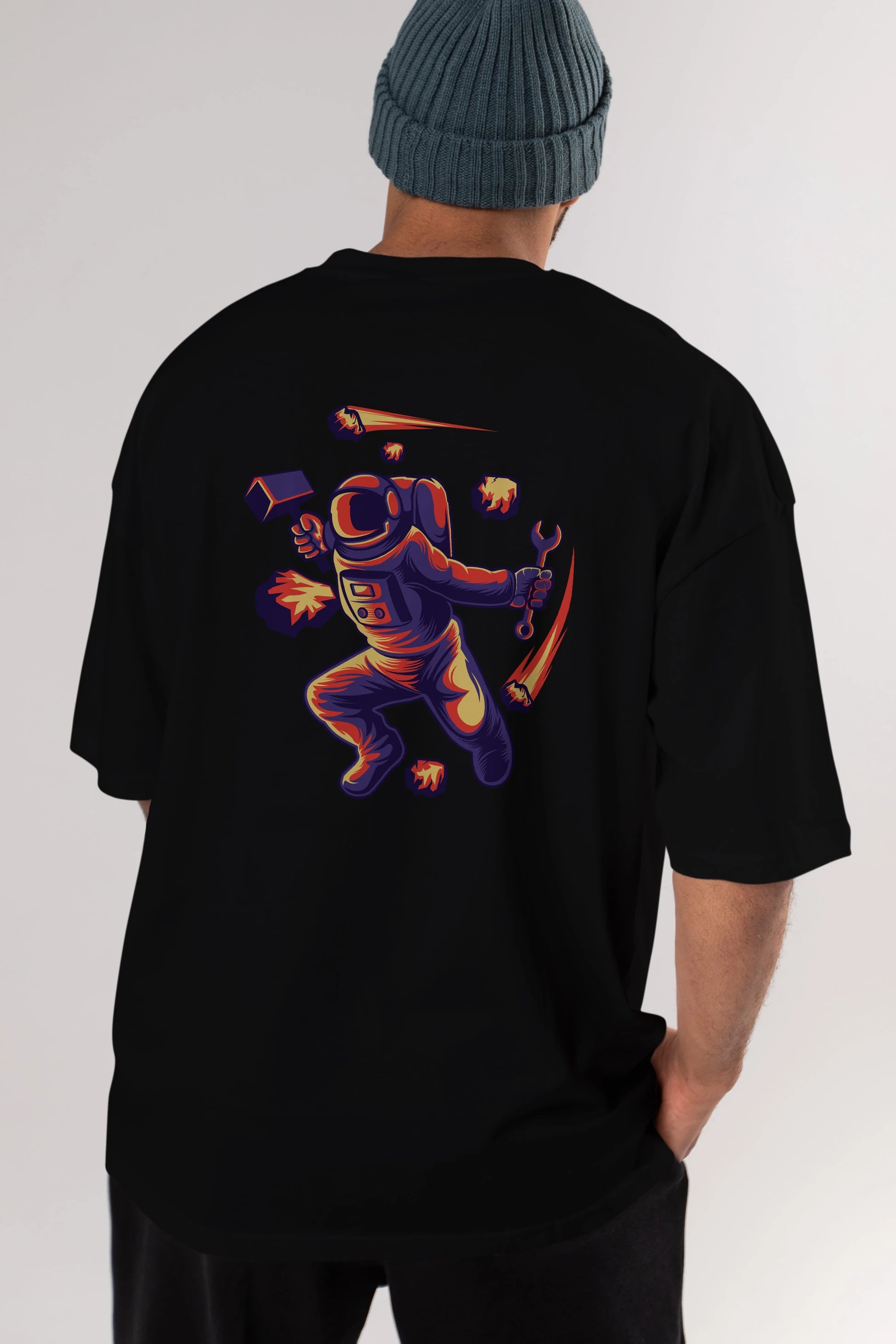 Astronaut Block Meteor Arka Baskılı Oversize t-shirt Erkek Kadın Unisex