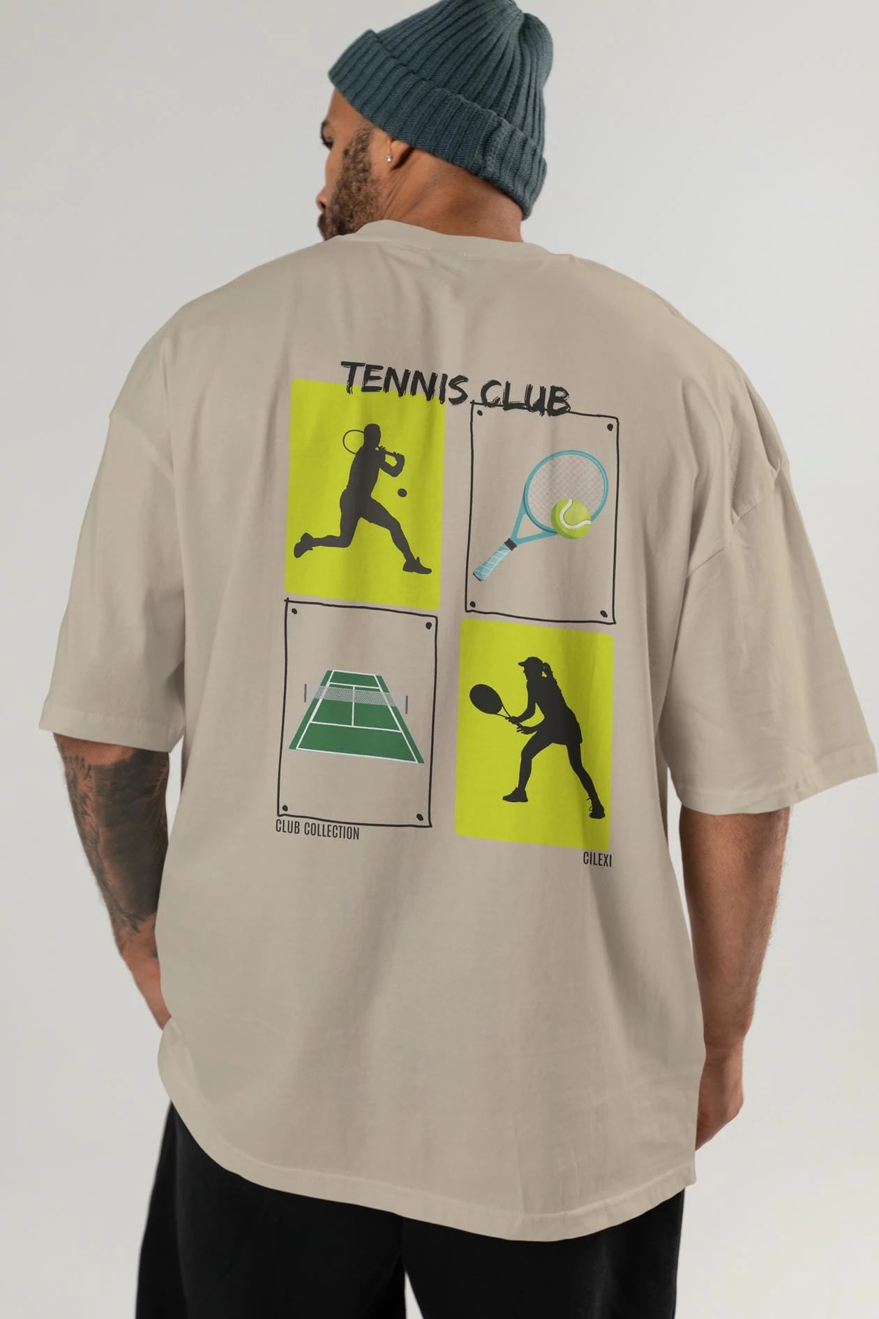 Tennis Club Arka Baskılı Oversize t-shirt Erkek Kadın %100 Pamuk Bisiklet Yaka tişort