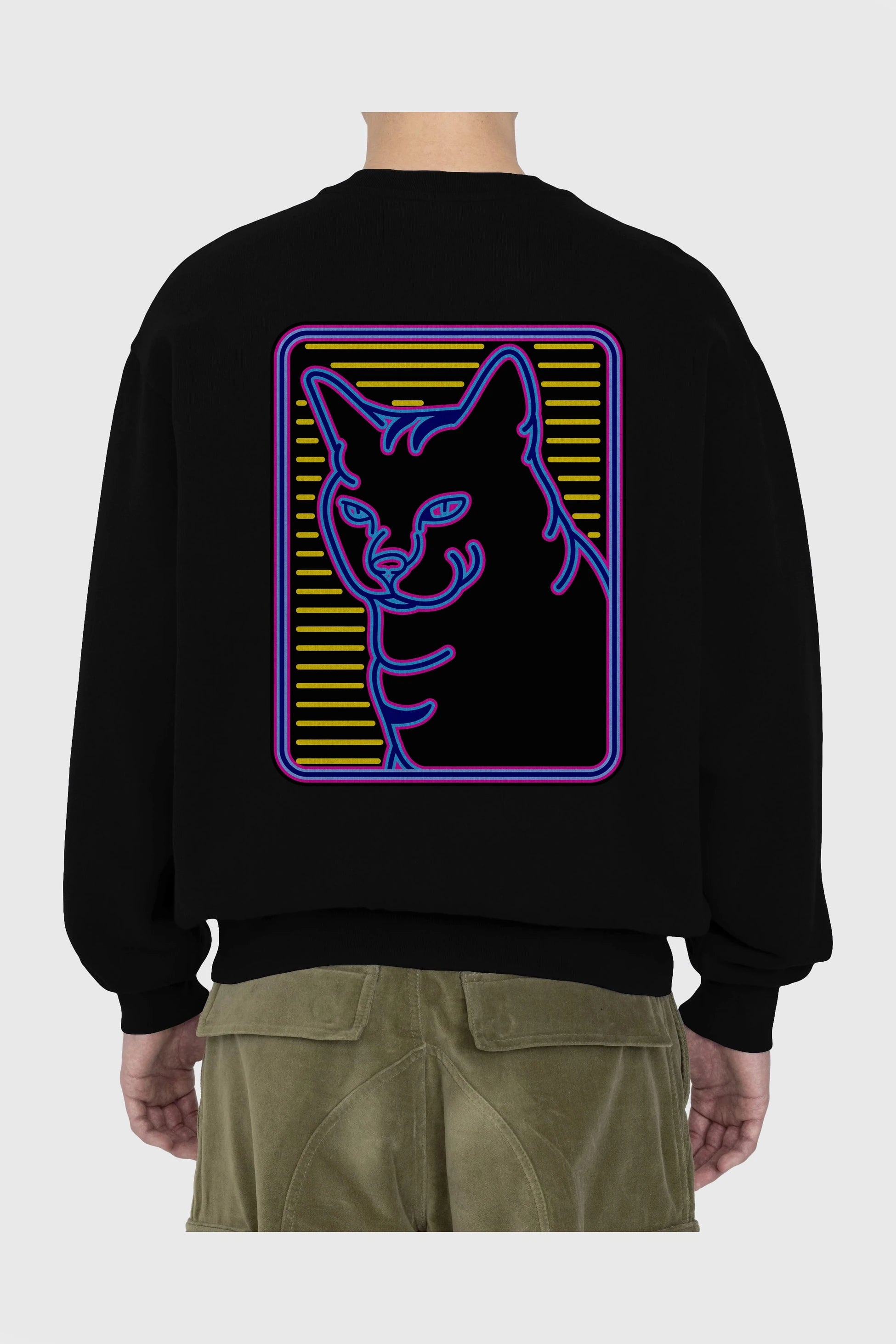 Neon Cat Arka Baskılı Oversize Sweatshirt Erkek Kadın Unisex