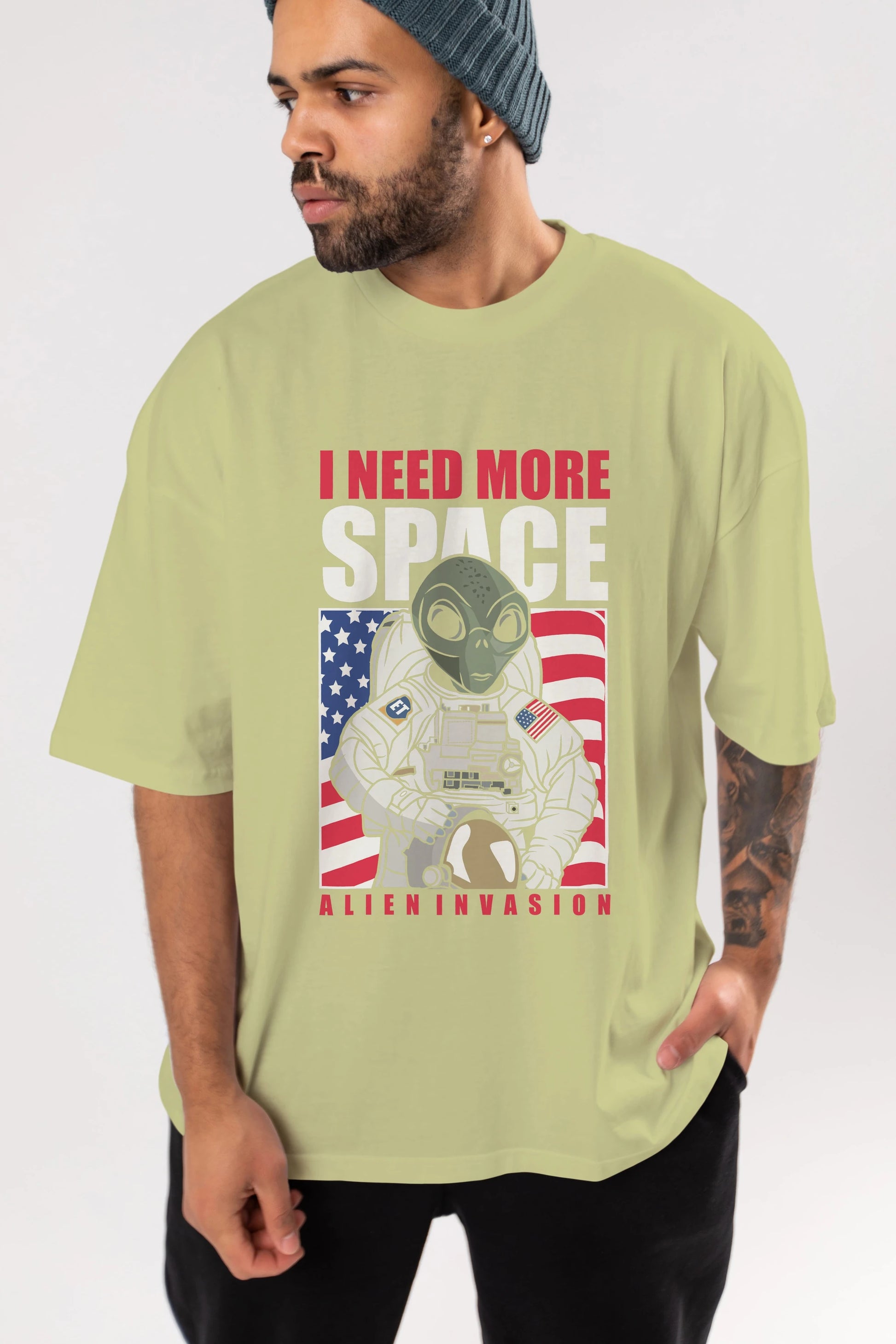 Alien Astronaut Ön Baskılı Oversize t-shirt Erkek Kadın Unisex %100 Pamuk tişort