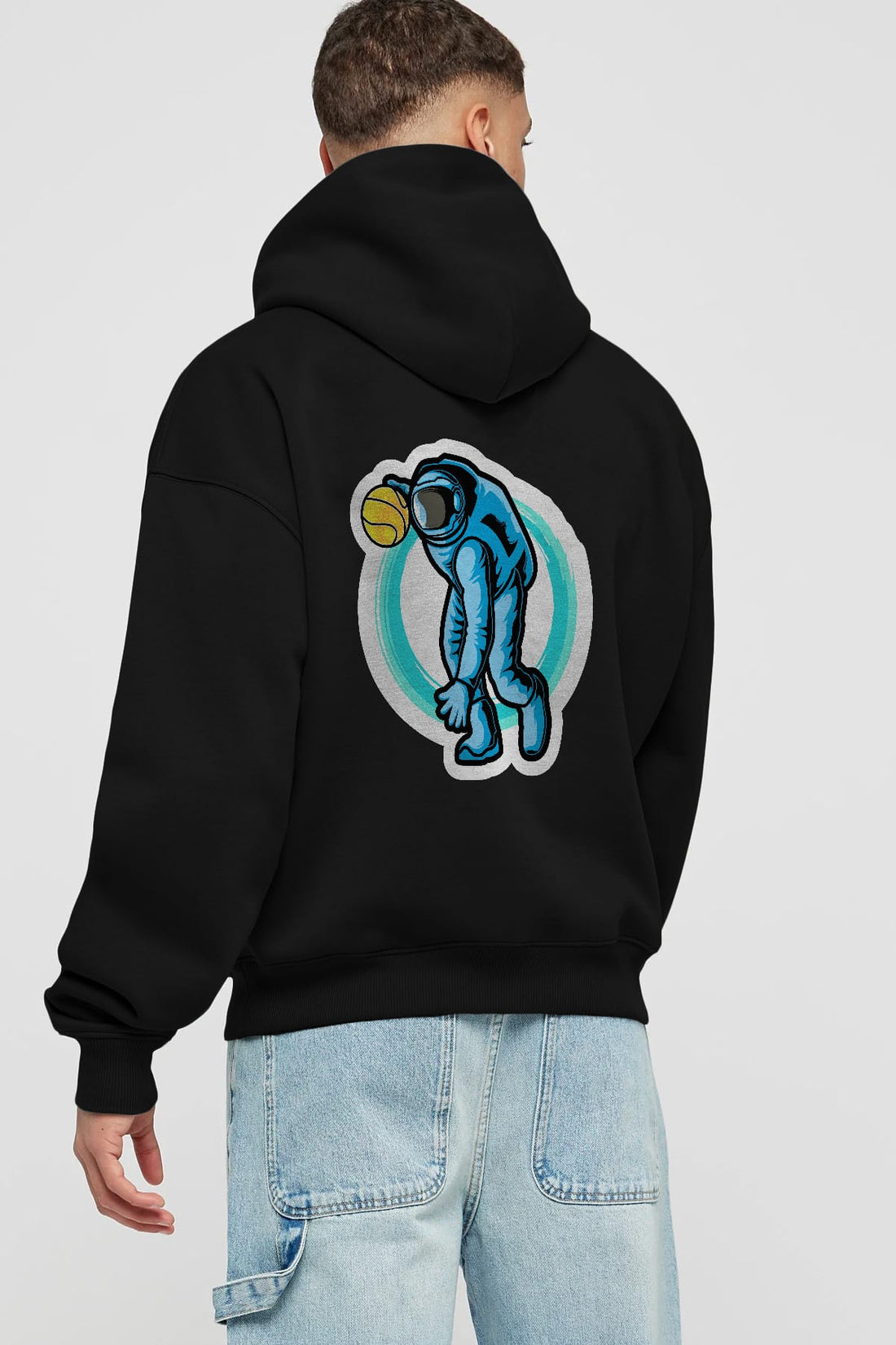Astronaut Dribble Sticker Arka Baskılı Hoodie Oversize Kapüşonlu Sweatshirt Erkek Kadın Unisex