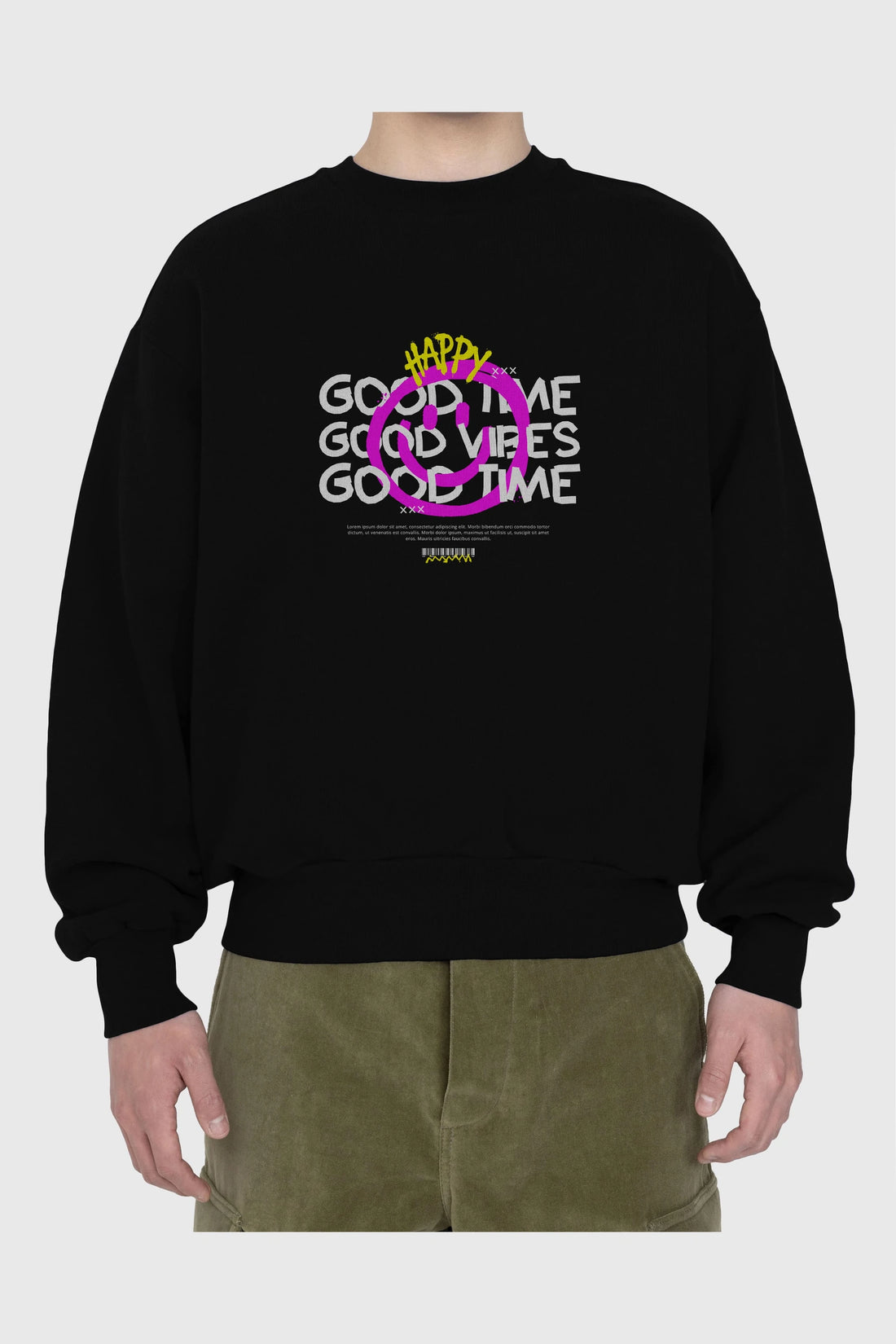 Happy Good Time Yazılı Ön Baskılı Oversize Sweatshirt Erkek Kadın Unisex